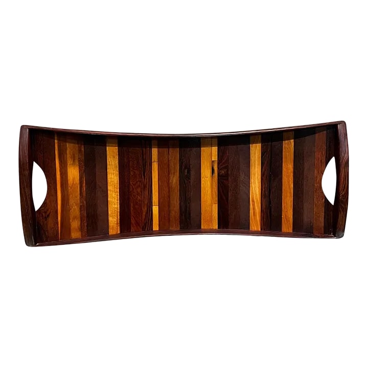 Mid-Century Modern Serving Tray by Don S. Shoemaker, 1980s Exotic Woods: For your consideration, a mid-century modern designed by Don Shoemaker and produced by SeÃ±al Mexico circa the 1980s. Mid-century Service Tray medley of exotic woods. Cut out the handle for