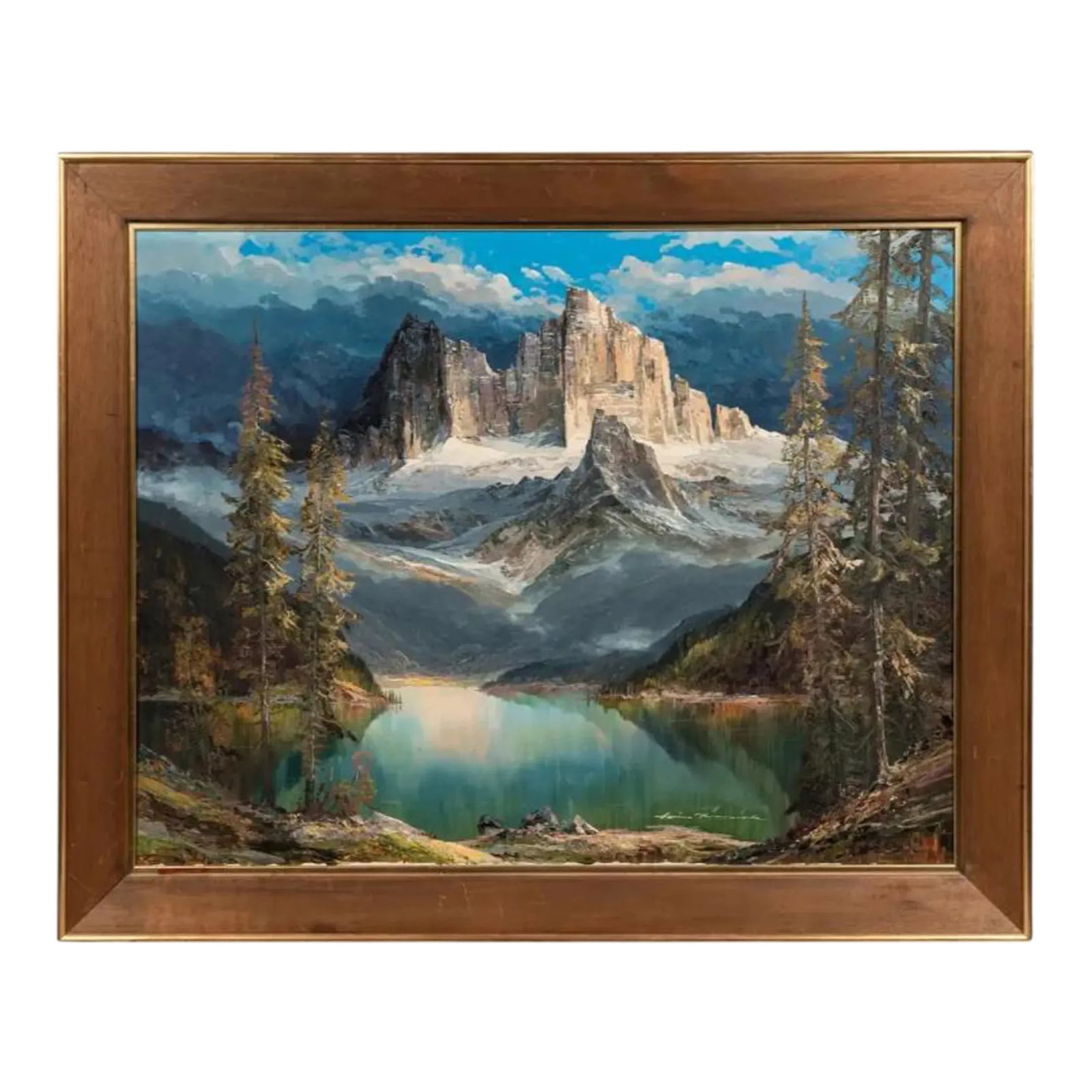 Vintage Hans Munnich Mountain Landscape With Lake Oil on Canvas Painting: Hans Munnich (German, 1892-1970) Mountain Landscape with Lake oil on canvas signed (lower right) 31 x 39 inches. Frame: 38 1/2 x 46 1/2 inches. Condition: Alterations: Original Condition Unaltered