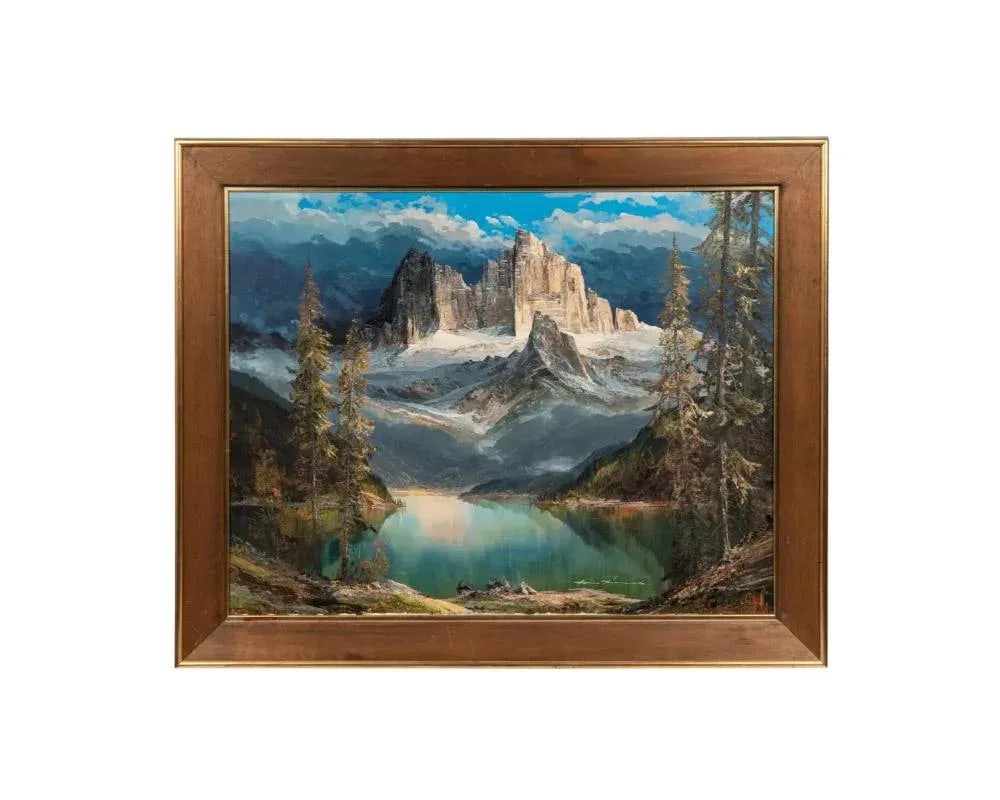 Vintage Hans Munnich Mountain Landscape With Lake Oil on Canvas Painting - 2