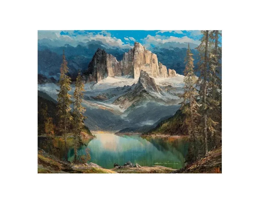 Vintage Hans Munnich Mountain Landscape With Lake Oil on Canvas Painting - 3