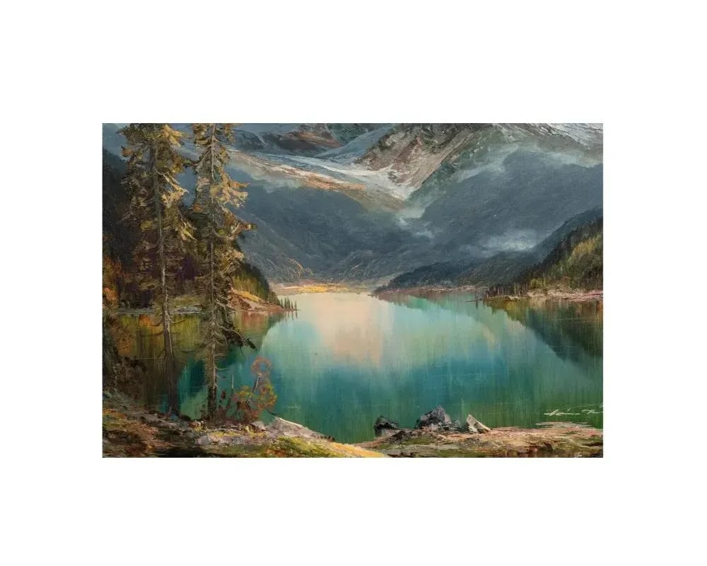 Vintage Hans Munnich Mountain Landscape With Lake Oil on Canvas Painting - 5