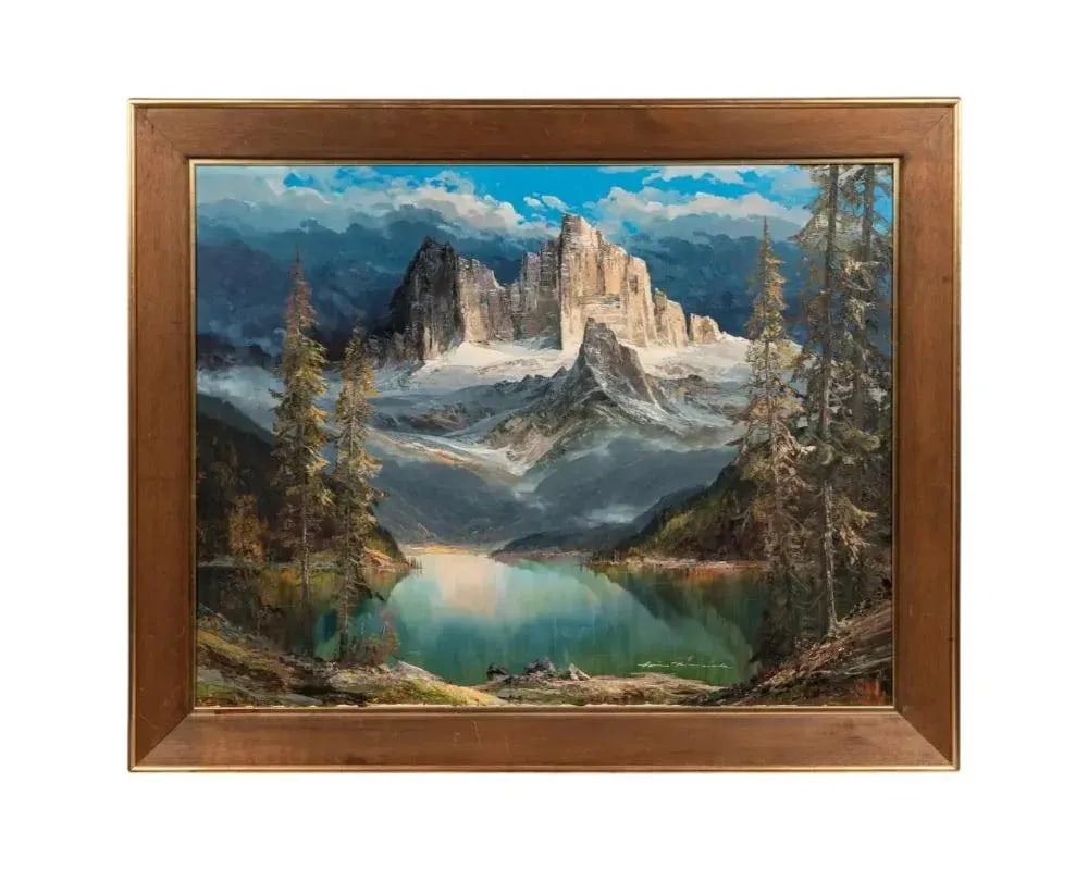Vintage Hans Munnich Mountain Landscape With Lake Oil on Canvas Painting - 8