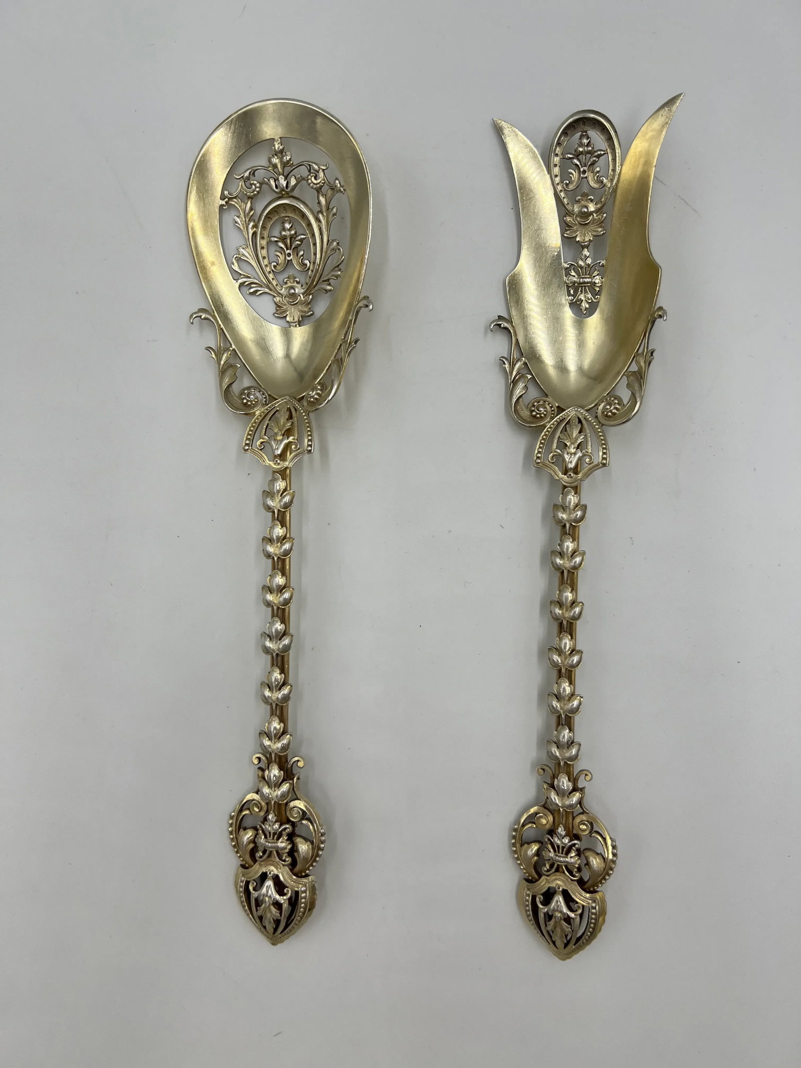 Pair, George Shiebler Ornate Floral & Vine Sterling Silver Pierced Salad Set - 2