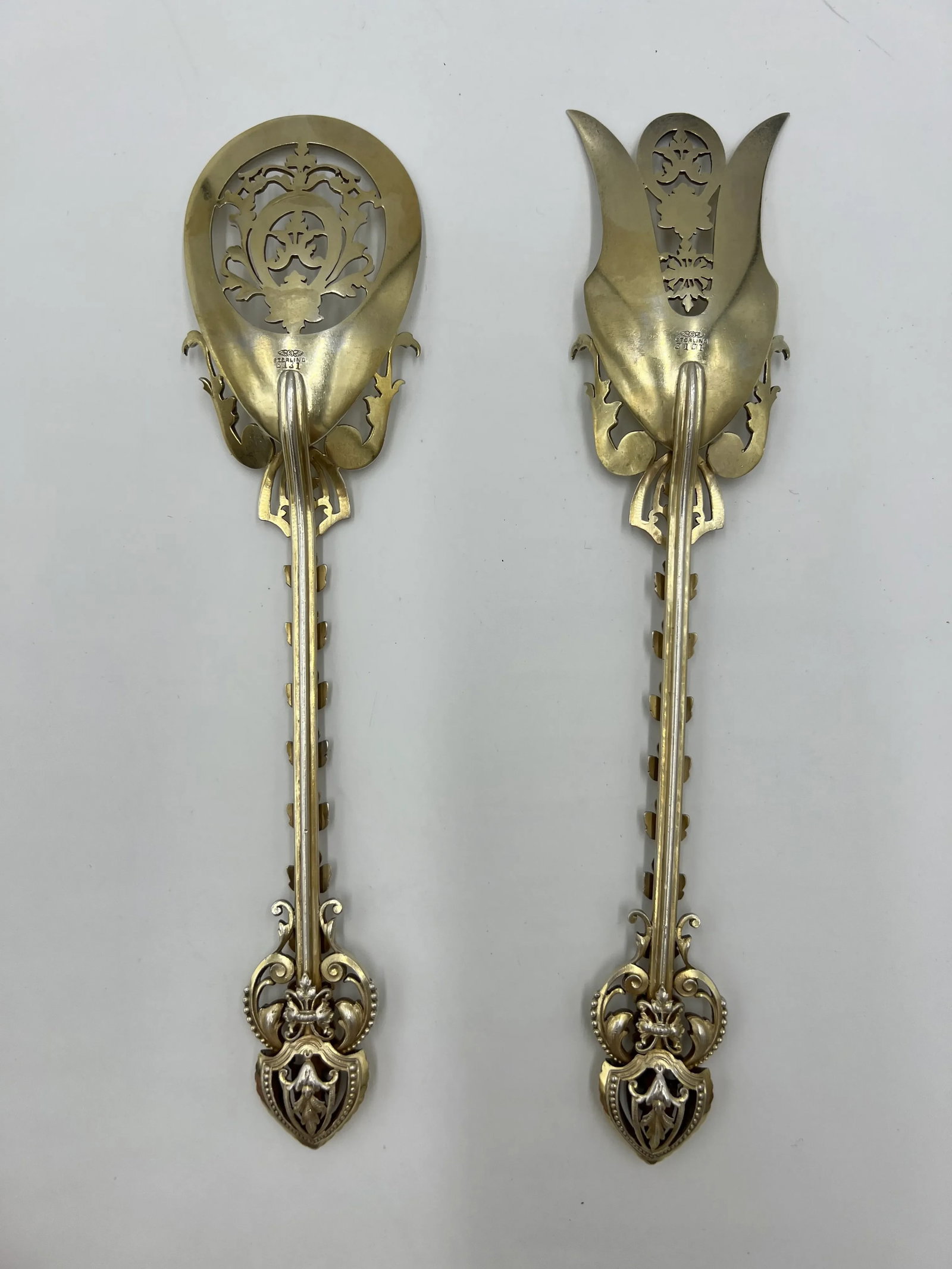 Pair, George Shiebler Ornate Floral & Vine Sterling Silver Pierced Salad Set - 4