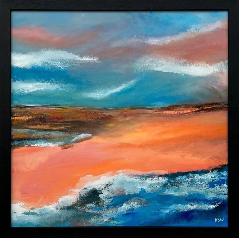 Orange & Blue Abstract English Moorland Landscape Earthy Colours Contemporary British Artist: Orange & Blue Abstract English Moorland Landscape using Earthy Colours by Contemporary British Artist Angela Wakefield - Interior Design Collection Art measures 30 x 30 inches Frame measures 33 x 33