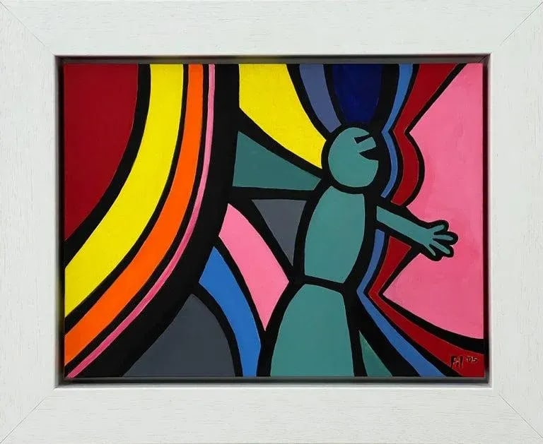 Contemporary Surreal Cartoon Pen & Ink Drawing on Canvas by British Artist, 2005: Contemporary Surreal Cartoon Pen & Ink Drawing on Canvas entitled 'Green Man' by Contemporary British Artist Art measures 16 x 12 inches Frame measures 21 x 17 inches Fil Earthstomp is an enigmatic