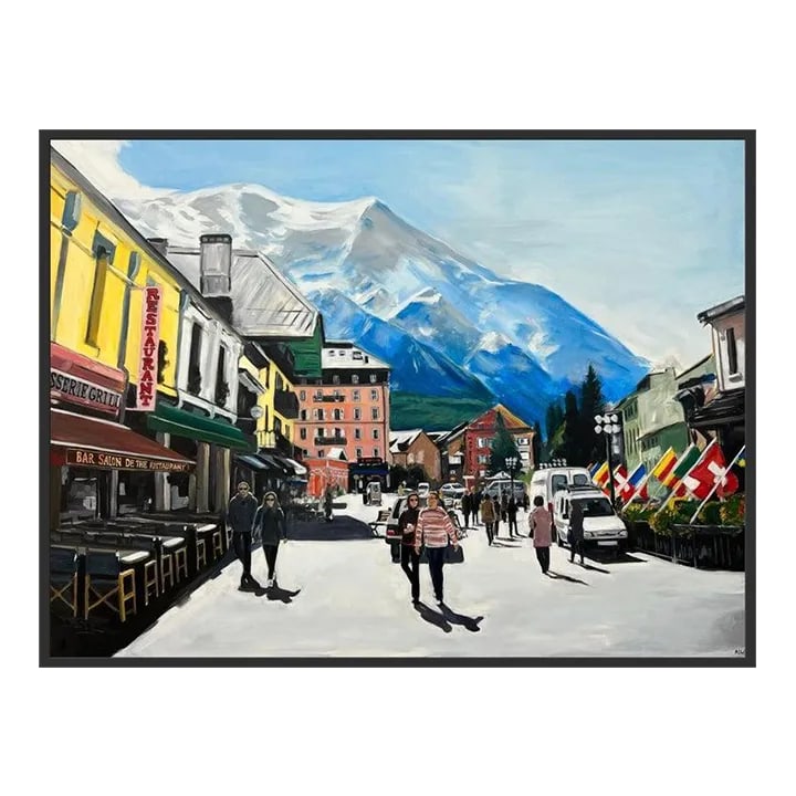 Large Painting of Chamonix Mont Blanc in France by Contemporary British Artist: Large Original Painting of Chamonix Mont Blanc in France by Contemporary British Artist, Angela Wakefield. European Series No.4. Art measures 48 x 36 inches Frame measures 53 x 41 inches During 2012,