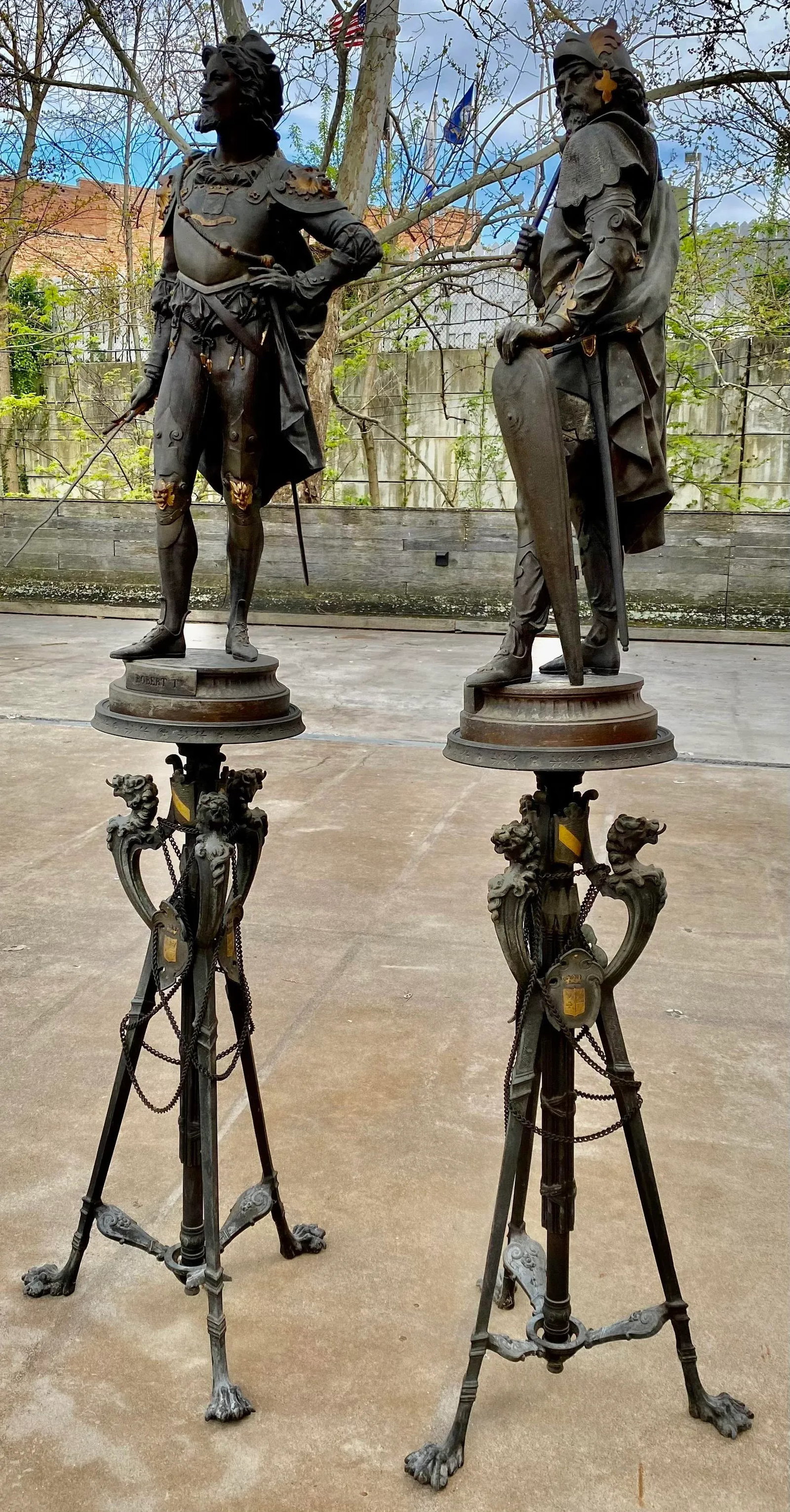 Pair of Late 19th Century Palatial Spelter Medieval Statues Roland & Robert I on Stands - 13