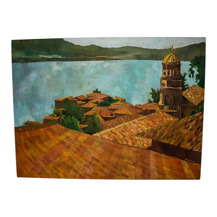 A. Drogin Oil Painting of Scenic Lake PÃ¡tzcuaro Mexico - Signed & Dated 1969: Large and stunning oil on canvas painting of Lake Patzcuaro, Mexico. It has the name & address of the artist from NYC on back. It is signed A. Drogin 69 on the lower right corner. This is a large and