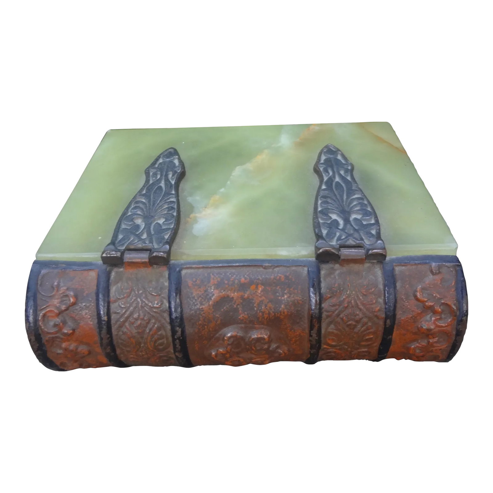 1920s Antique Austrian Alabaster and Gilt Metal Book Box: Antique Austrian Alabaster And Gilt Metal Book Box. Unusual Austrian gilt metal and alabaster box in the form of a book. This lovely decorative box has a wood interior and hinged lid, circa. 1920. Gre
