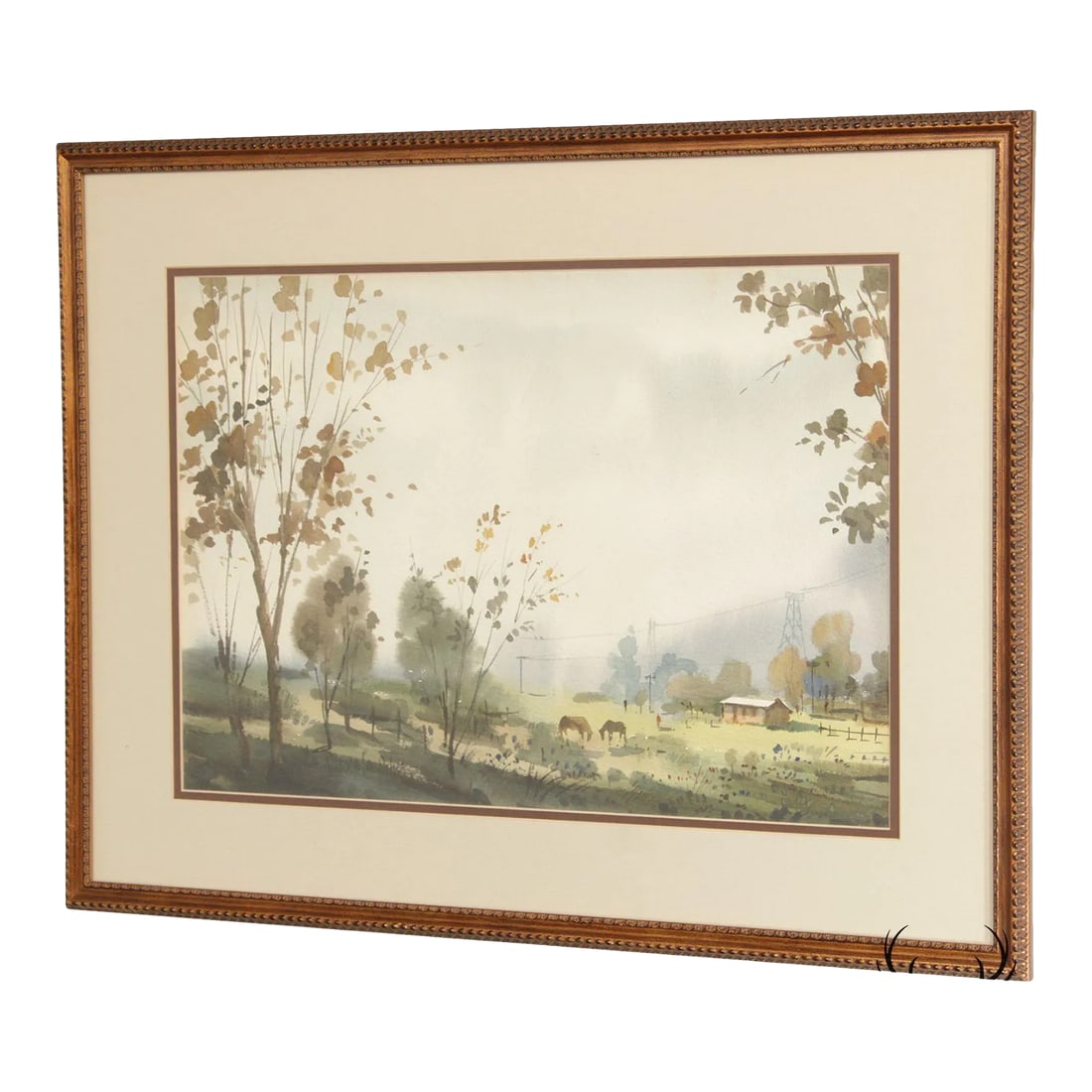 Pastoral Farm Landscape Watercolor Painting, Signed: Vintage Original Watercolor Painting Depicting Pastoral Farm Landscape with Horses Grazing, Indistinguishable Signature on the Lower Right, Custom Bronzed Gilt Frame Condition: Alterations: Original C