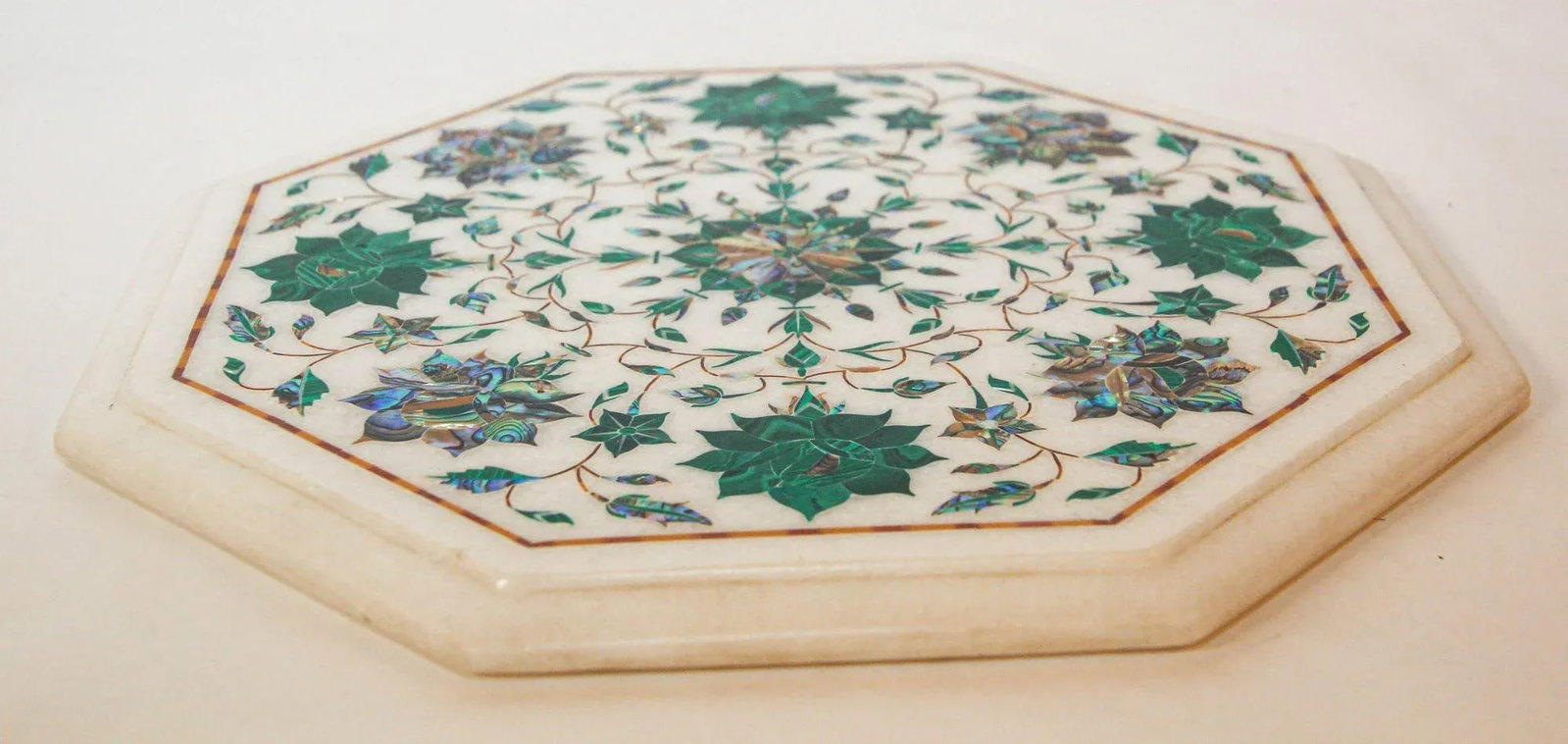 Pietra Dura White Mosaic Octagonal Inlaid Marble Top Handcrafted Agra India 1980 - 10