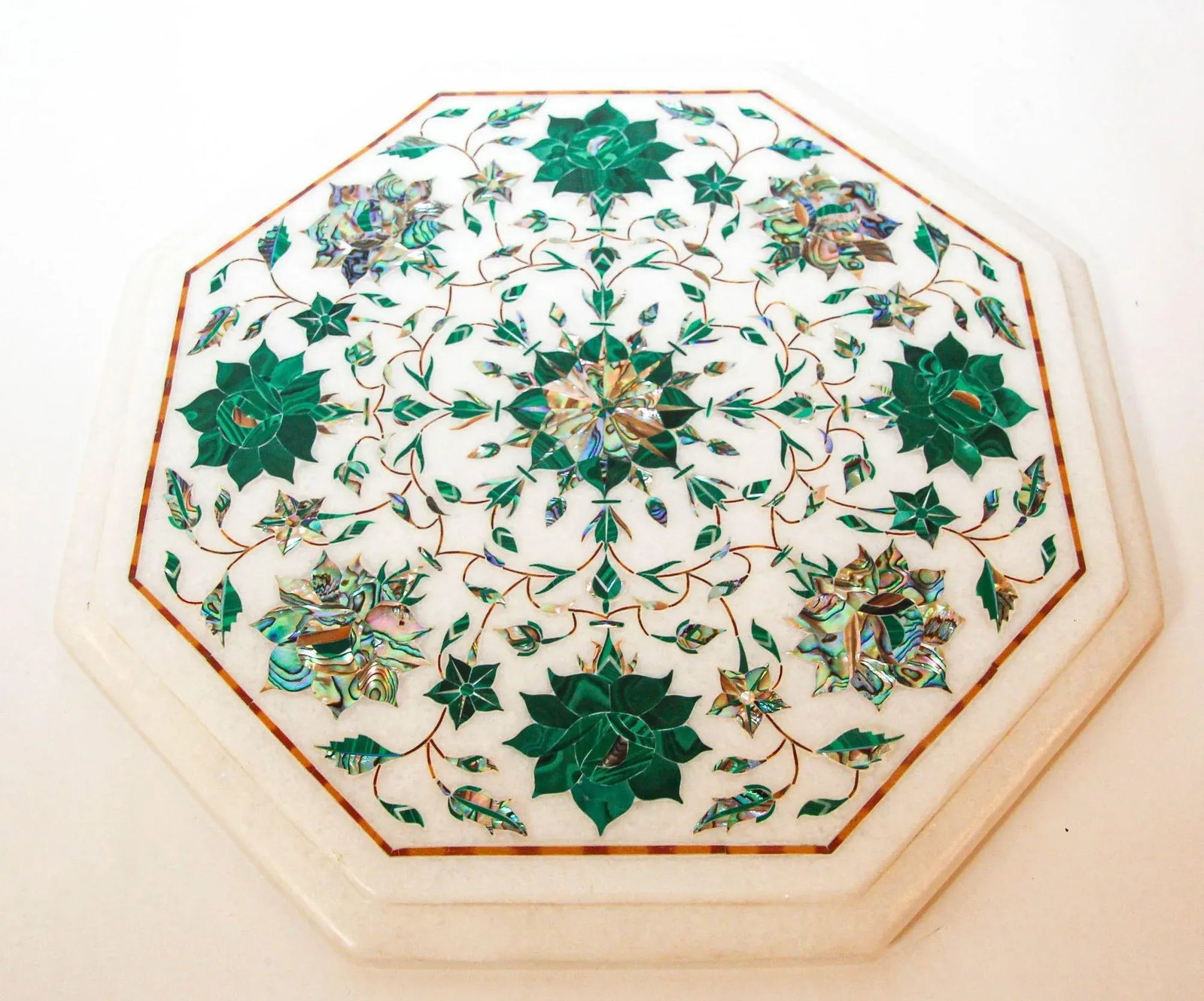 Pietra Dura White Mosaic Octagonal Inlaid Marble Top Handcrafted Agra India 1980 - 12