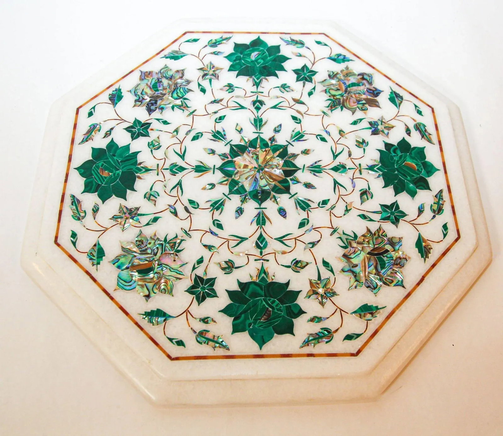 Pietra Dura White Mosaic Octagonal Inlaid Marble Top Handcrafted Agra India 1980 - 13