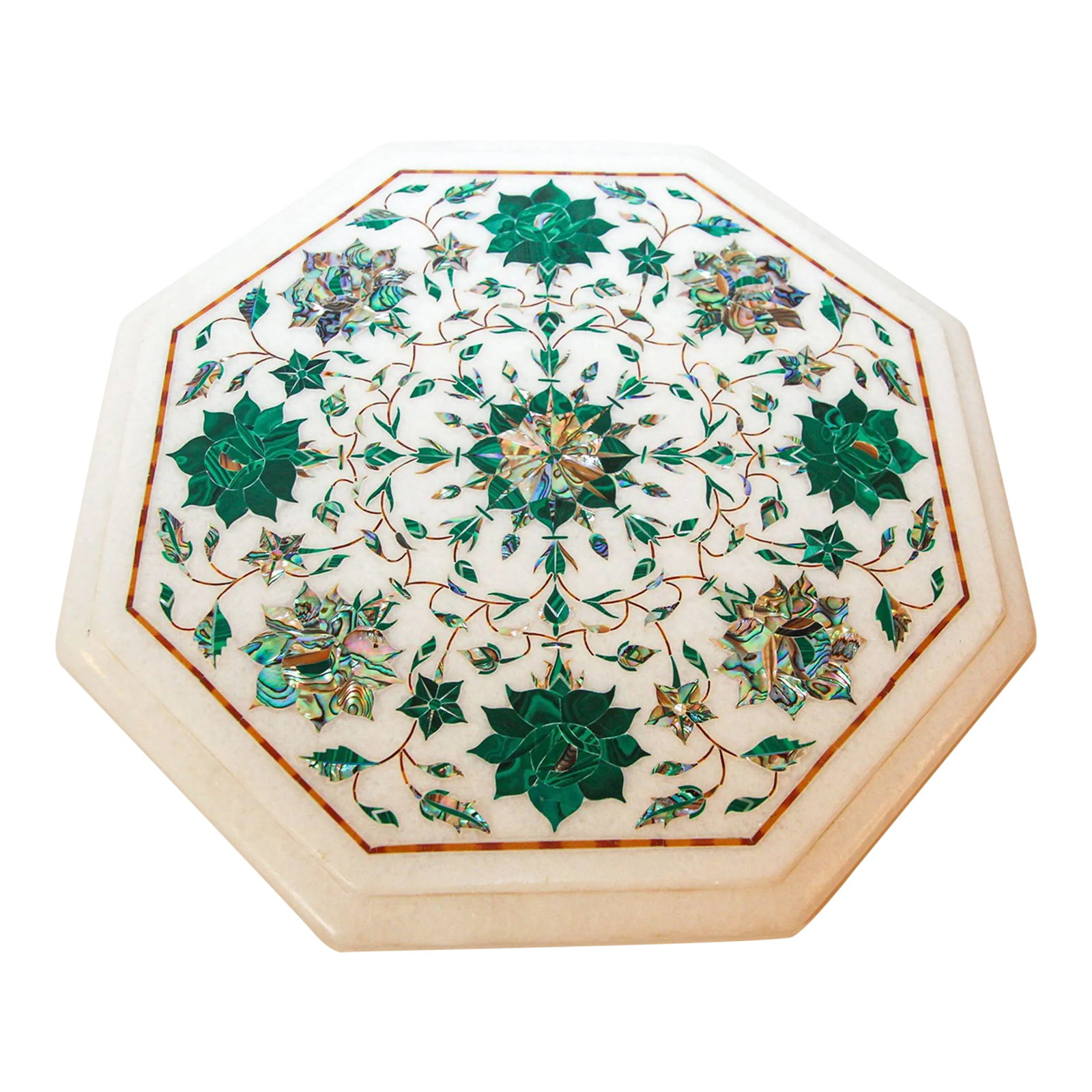 Pietra Dura White Mosaic Octagonal Inlaid Marble Top Handcrafted Agra India 1980: Handmade Pietra Dura Marble Inlay Mosaic Octagonal Top or Tray Agra India. Mughal style Pietra Dura white Marble Flower Motif Inlaid Marble Tray Rajasthan India. Classical 1980s Pietra Dura mosaic