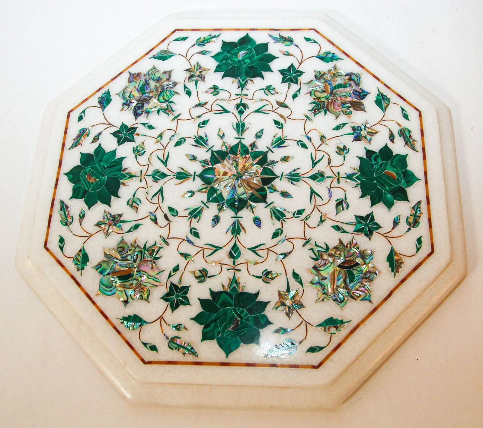 Pietra Dura White Mosaic Octagonal Inlaid Marble Top Handcrafted Agra India 1980 - 3