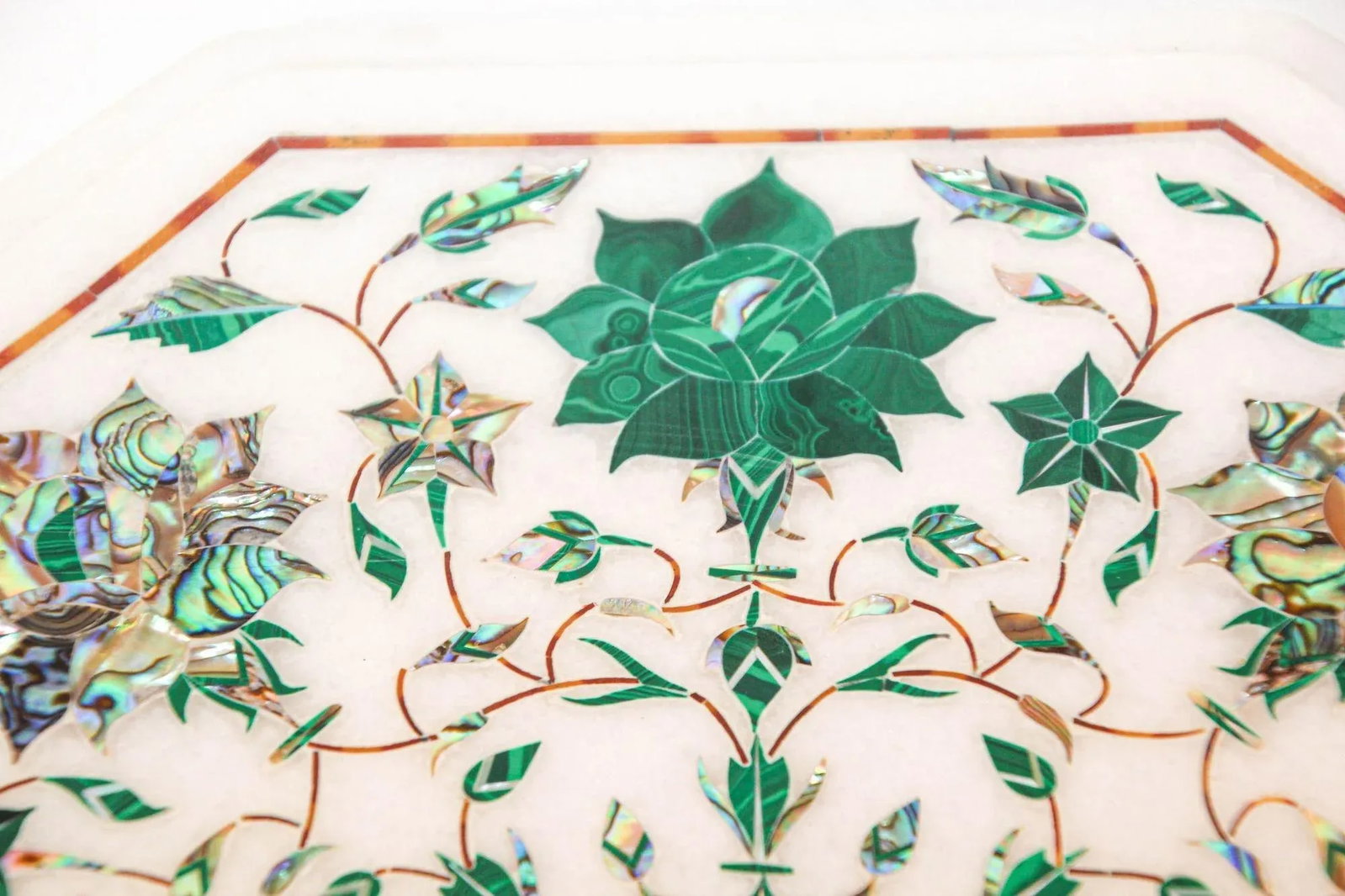 Pietra Dura White Mosaic Octagonal Inlaid Marble Top Handcrafted Agra India 1980 - 5