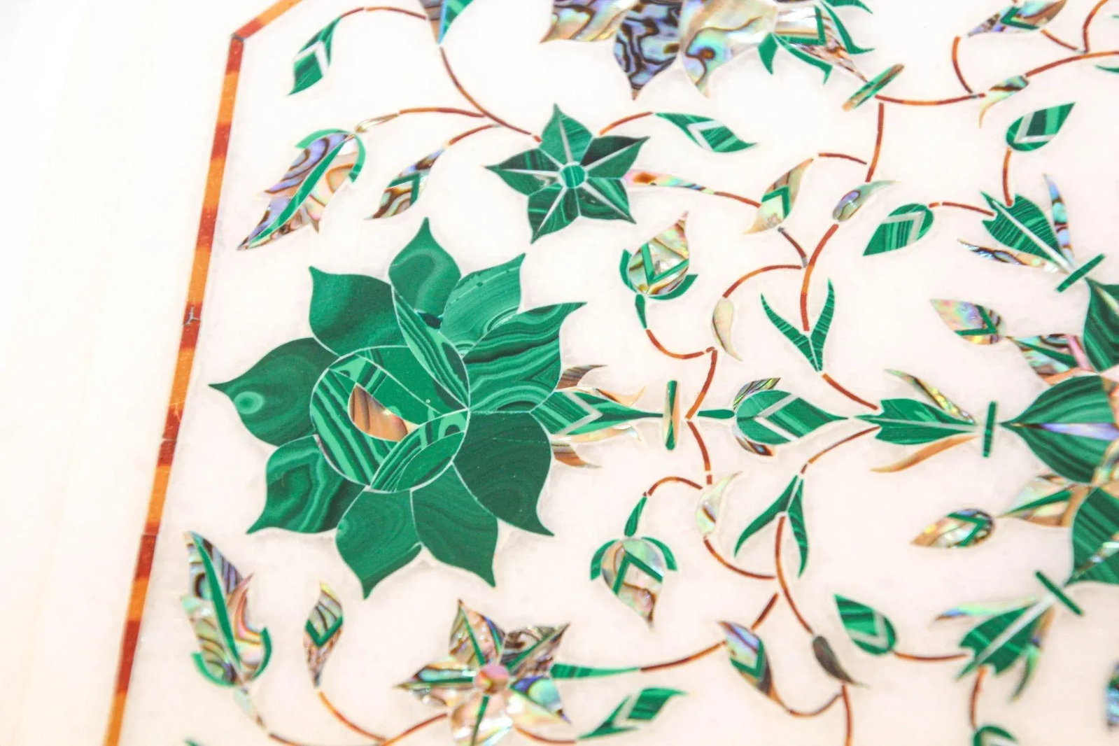 Pietra Dura White Mosaic Octagonal Inlaid Marble Top Handcrafted Agra India 1980 - 6