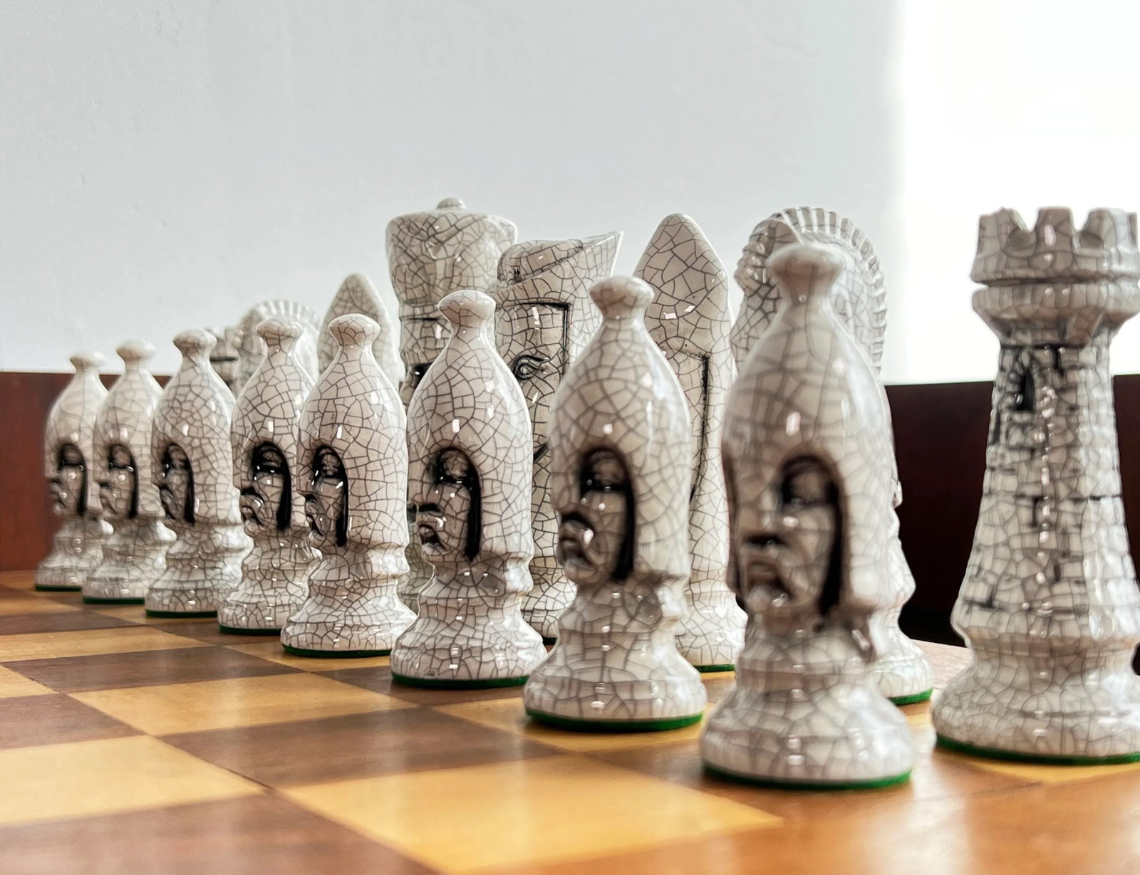 Vintage 1950's Ceramic Chess Set W/ Hand Made Wood Board - 2