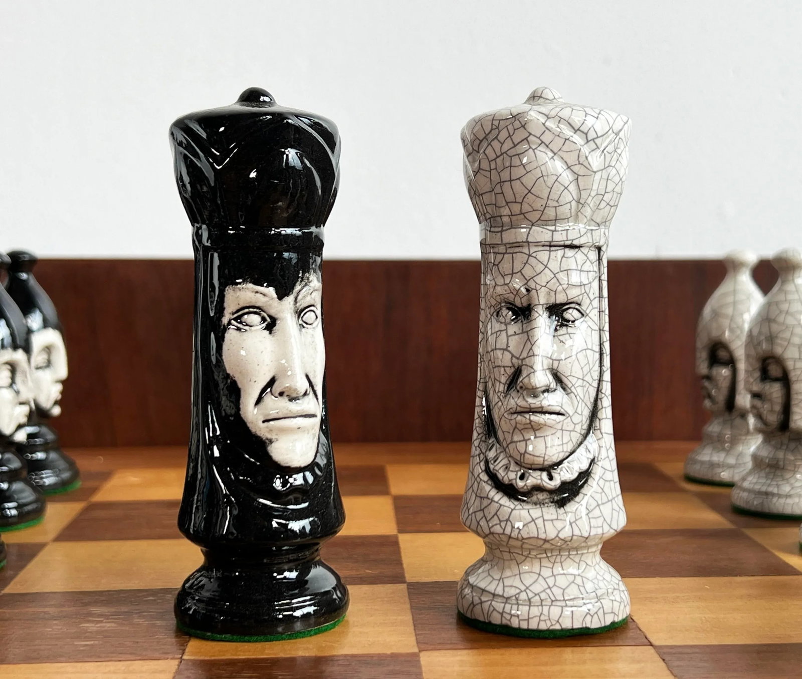 Vintage 1950's Ceramic Chess Set W/ Hand Made Wood Board - 4