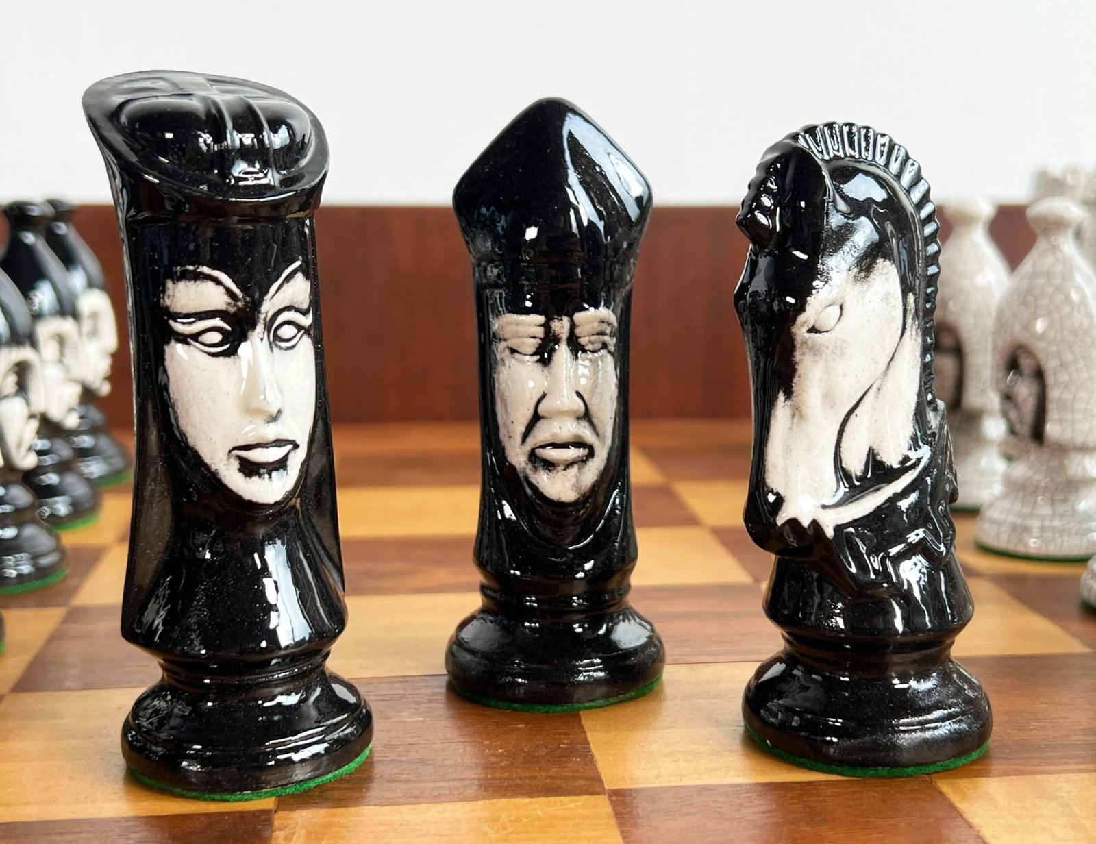 Vintage 1950's Ceramic Chess Set W/ Hand Made Wood Board - 7