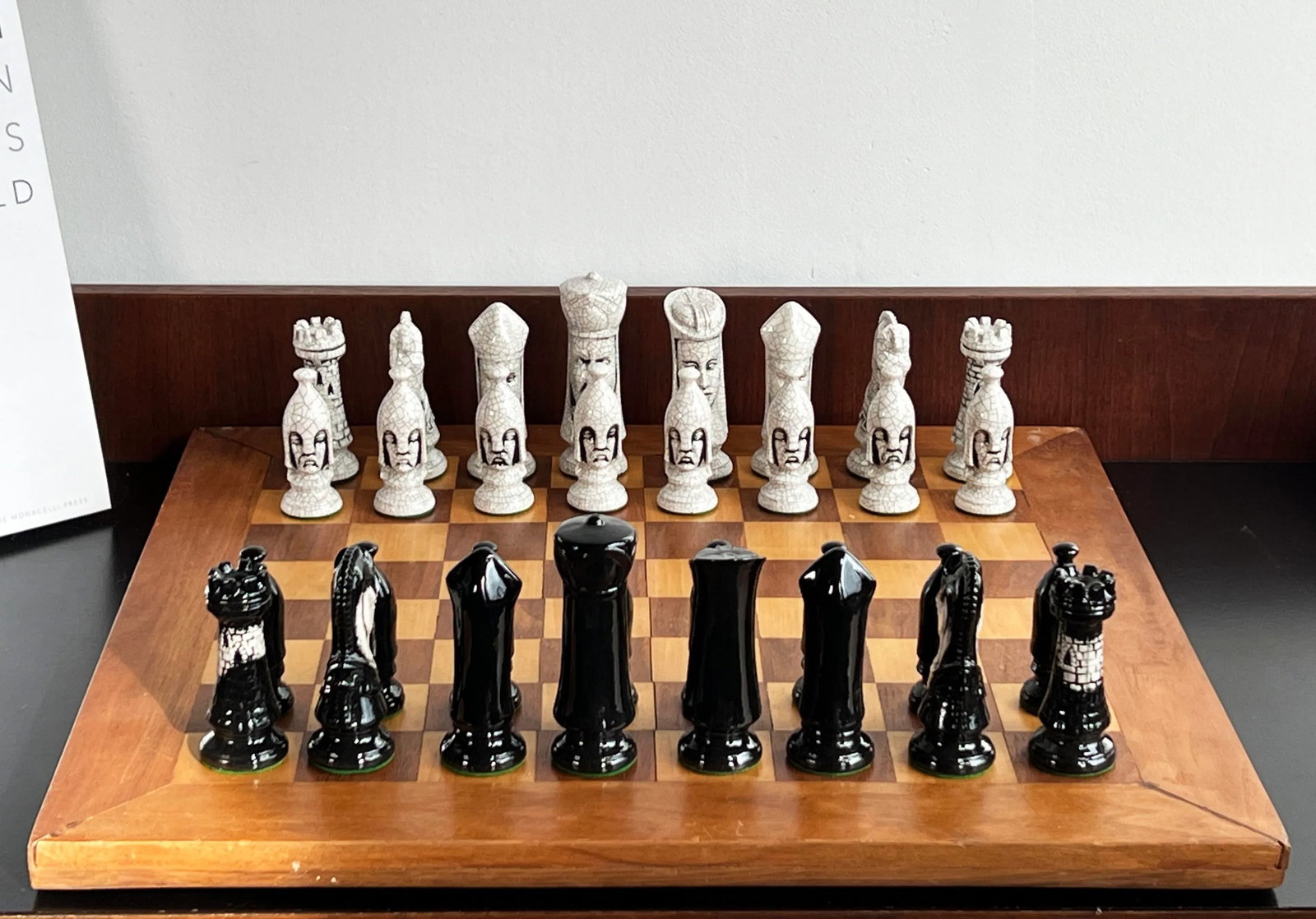 Vintage 1950's Ceramic Chess Set W/ Hand Made Wood Board - 8