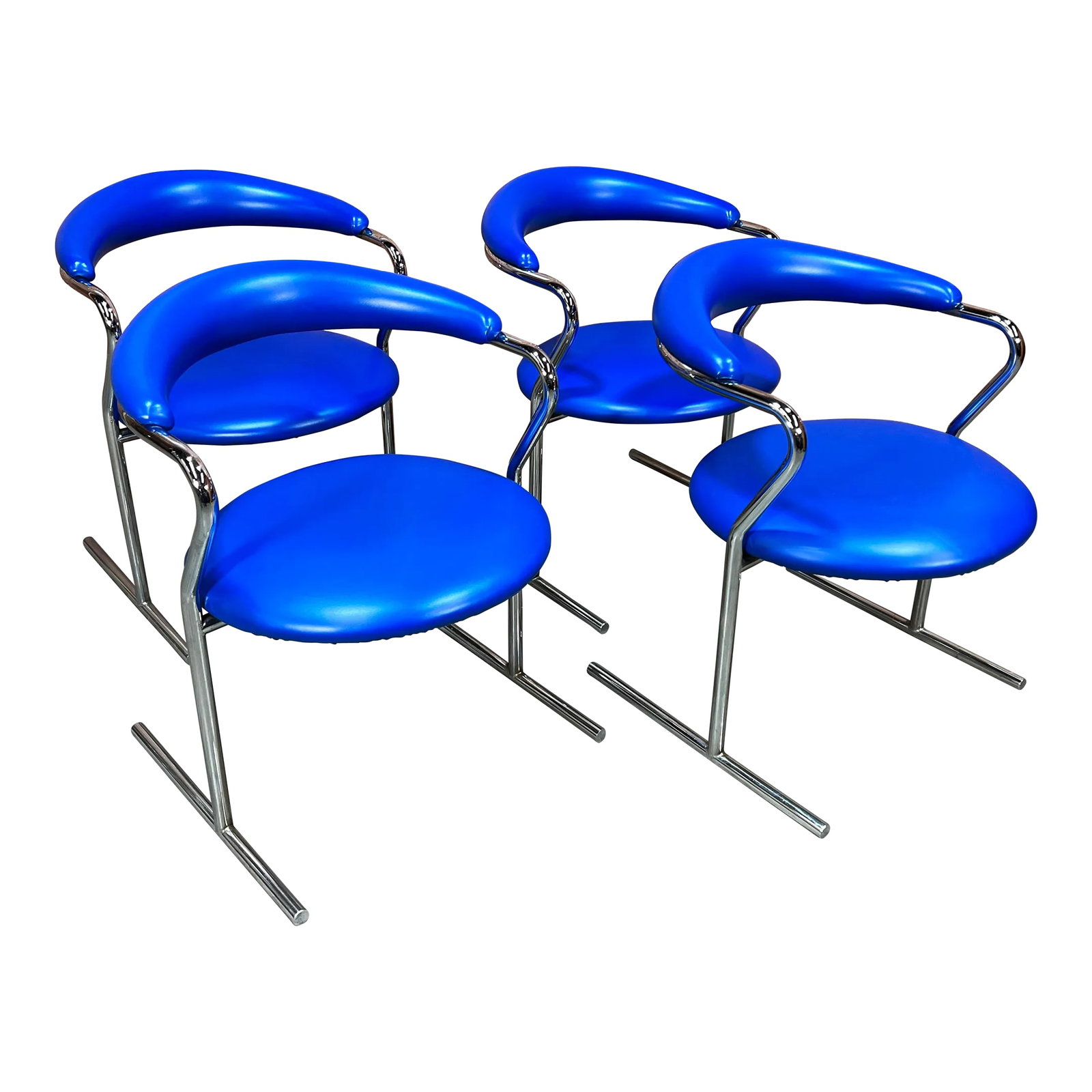 Mid Century Modern Blue Vinyl & Chrome Dining Chairs by Anton Lorenz for Thonet - Set of 4: STUNNING vintage c.1960's chrome dining chairs by the famed Anton Lorenz for Thonet of New York! They are still in their original vibrant blue vinyl upholstery, which really pops against the chrome