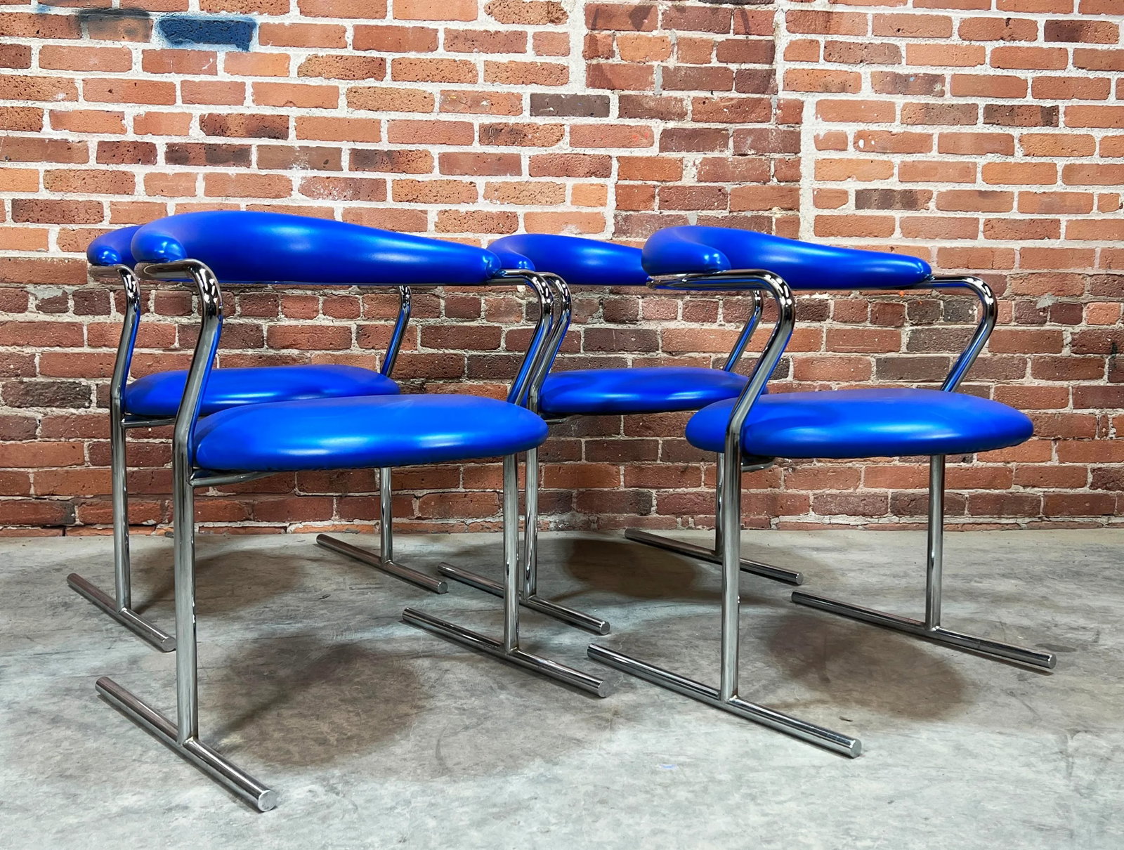 Mid Century Modern Blue Vinyl & Chrome Dining Chairs by Anton Lorenz for Thonet - Set of 4 - 5