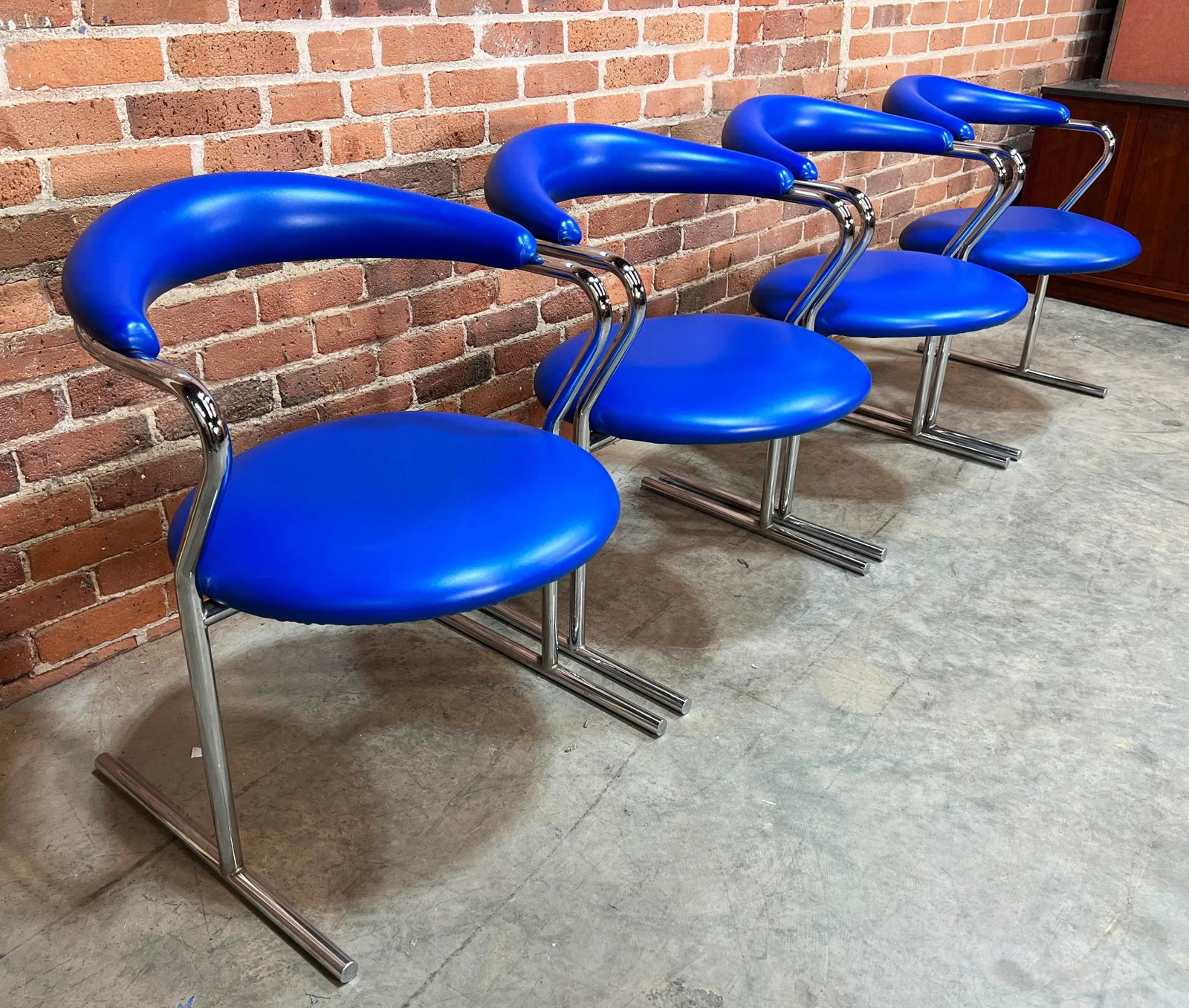 Mid Century Modern Blue Vinyl & Chrome Dining Chairs by Anton Lorenz for Thonet - Set of 4 - 9