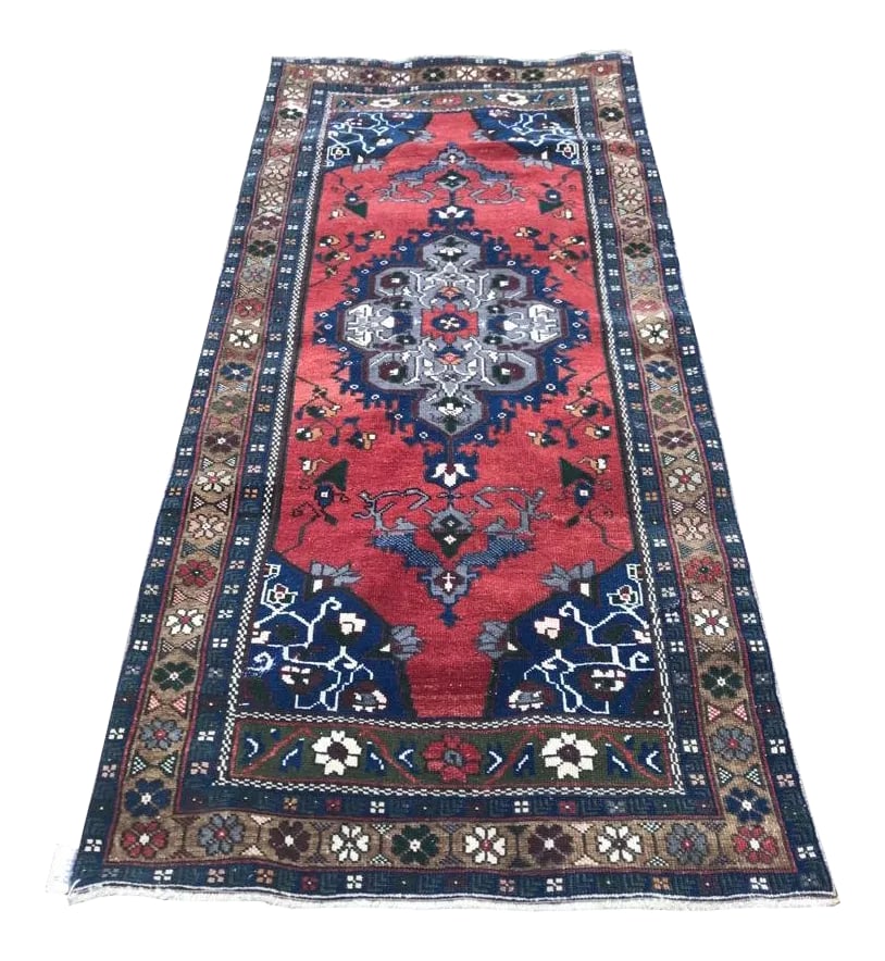 1960s Vintage Turkish Oushak Handmade Rug - 3′3″ × 7′1″: This is a vintage rug from the 1960s. This piece was hand-knotted. Condition: Alterations: Original Condition Unaltered Imperfections: Some Imperfections Condition Notes: Excellent condition but