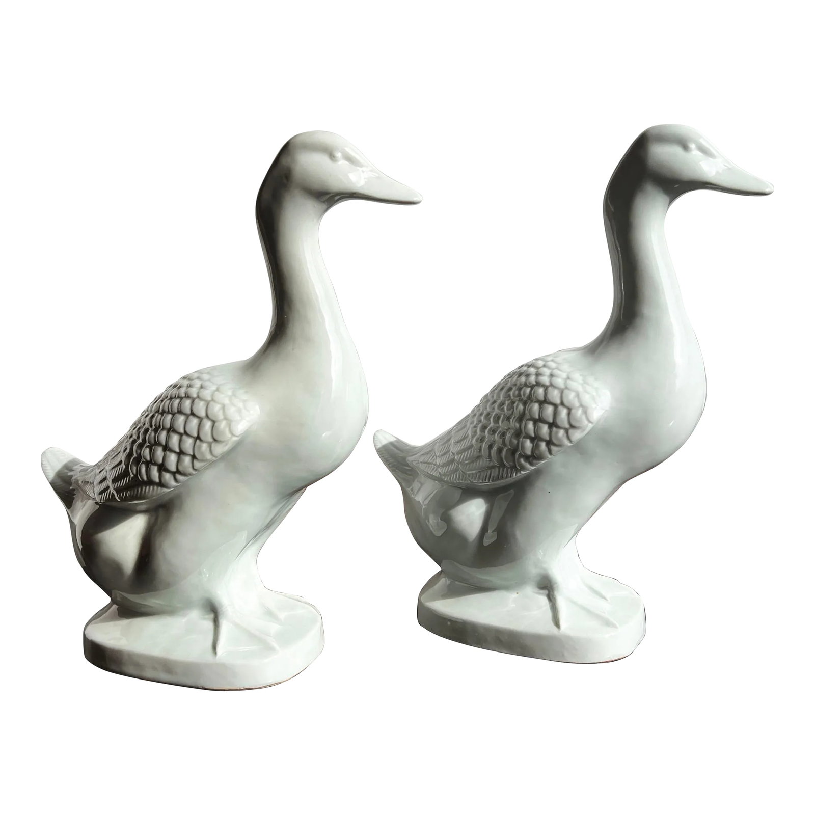 Vintage 14" Chinese Celadon Porcelain Ceramic Duck Figures - a Pair: Beautiful pair of vintage early to mid 20th century Chinese duck figures, with a stunning light celadon glaze and beautiful detail! They measure 14" in height, 11" wide and 6" deep. Each are in very
