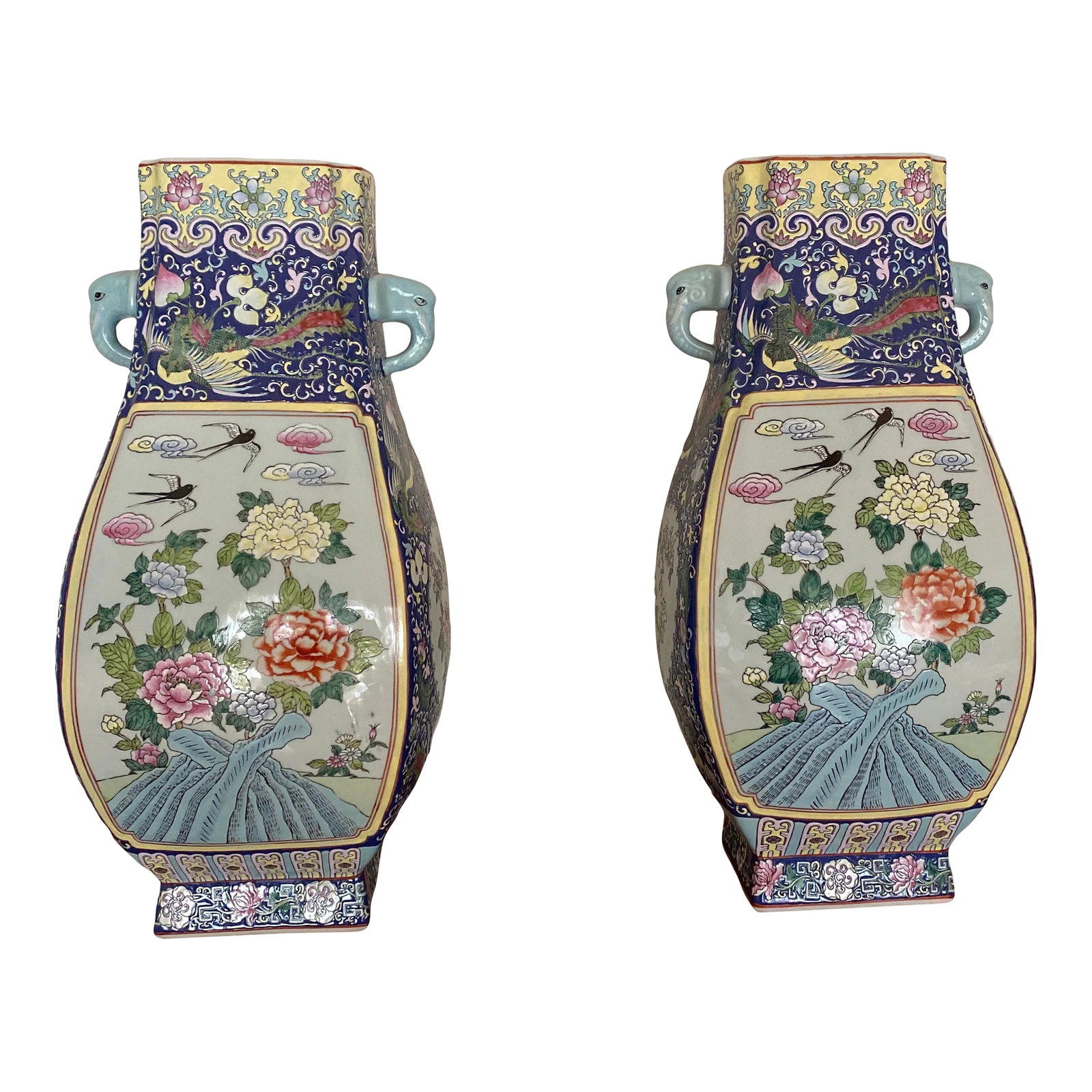 Vintage Oversized Hand Painted Asian Jars ~ a Pair: Beautiful pair of hand painted oversized Asian jars, beautiful floral motif with awesome colors! Subject matter includes dragonfly's, dragons, flowers and pretty blue elephant medallions Condition: