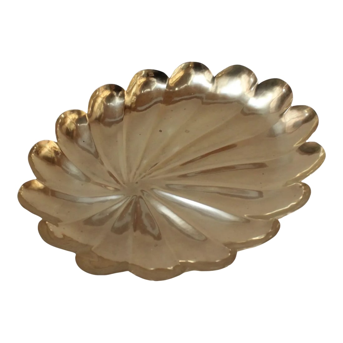 Vintage Italian Brass Scalloped Decorative Tray: Attractive scalloped-form decorative tray in brass resembling both a leaf and shell (ca. 1970s, Italy). Large size and versatile use (can be used for serving hors d'oeuvres/snacks, as a catchall for
