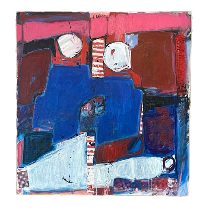 1990s Raggedy Ann & Andy Abstract Acrylic Painting: Raggedy Ann & Andy is a vibrant and expressive abstract painting that playfully nods to the iconic childhood duo Raggedy Ann & Andy through bold color blocking and textured, layered brushwork.