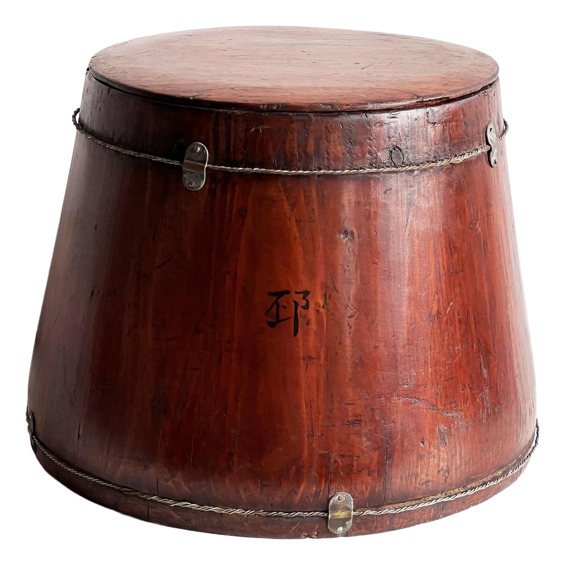 Antique Chinese Wooden Grain Bucket With Hand-Painted Calligraphy, Late Qing Dynasty: A late 19th century Chinese grain storage bucket featuring a warm, naturally aged red-toned hardwood body with original iron hardware and hand-painted calligraphy indicating it's region of origin