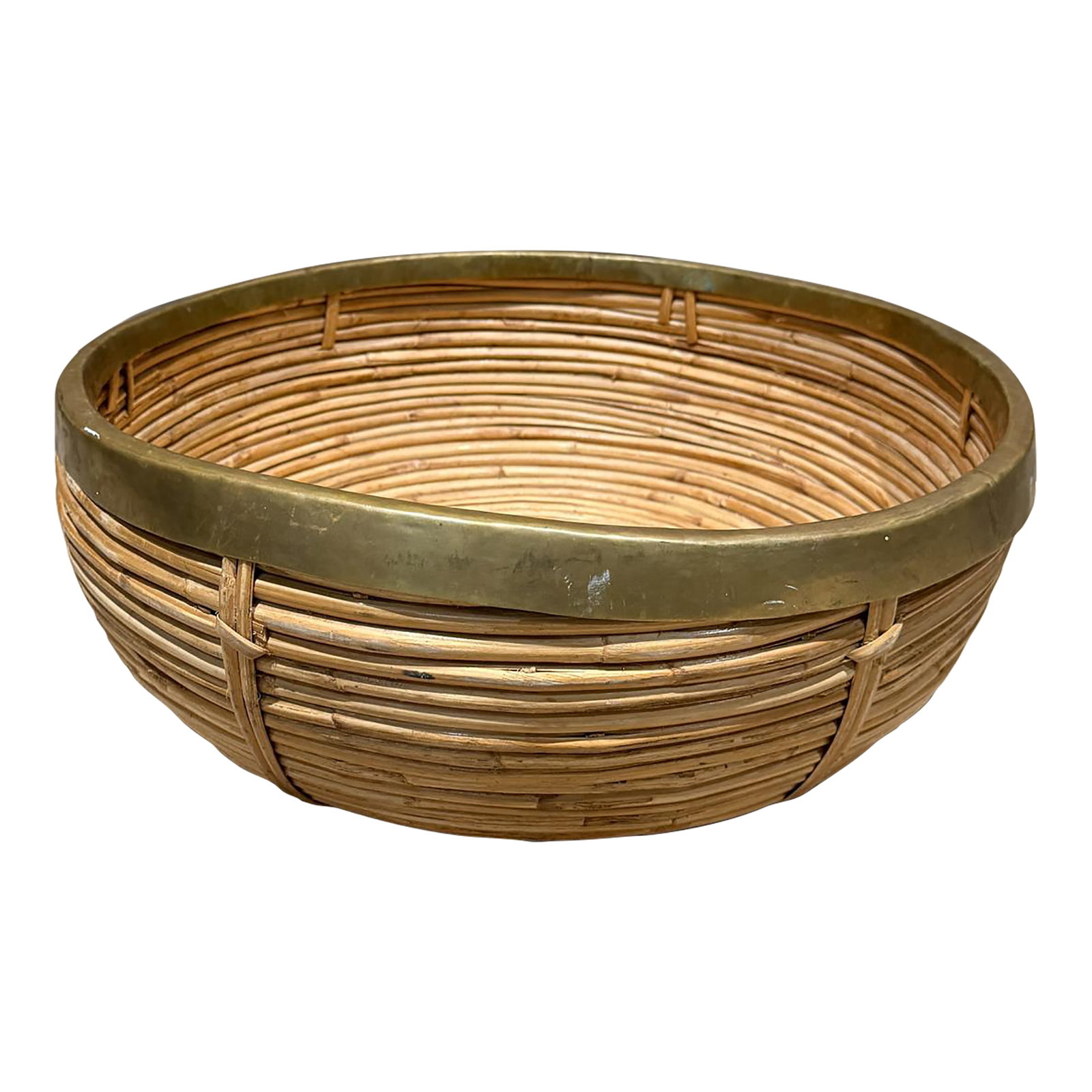 1980s Mid Century Modern Rattan and Brass Centerpiece Bowl: For your consideration, a large rattan and brass centerpiece bowl, c.1970. Mid Century Modern weaved basket with brass trim by Gabriella Crespi (Italian 1922-2012), Dimensions: 18.25" diameter x 7: