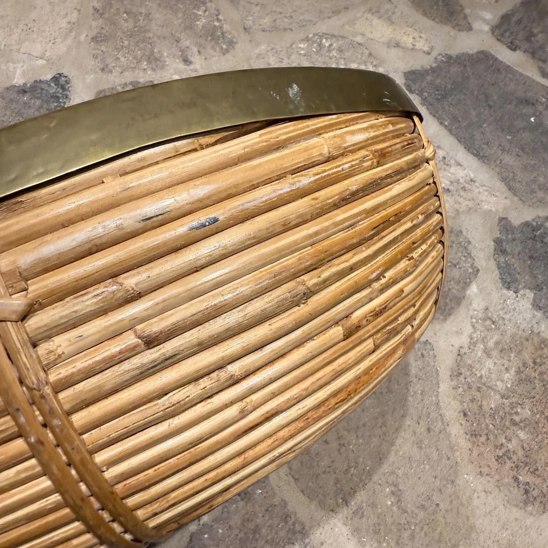 1980s Mid Century Modern Rattan and Brass Centerpiece Bowl - 7