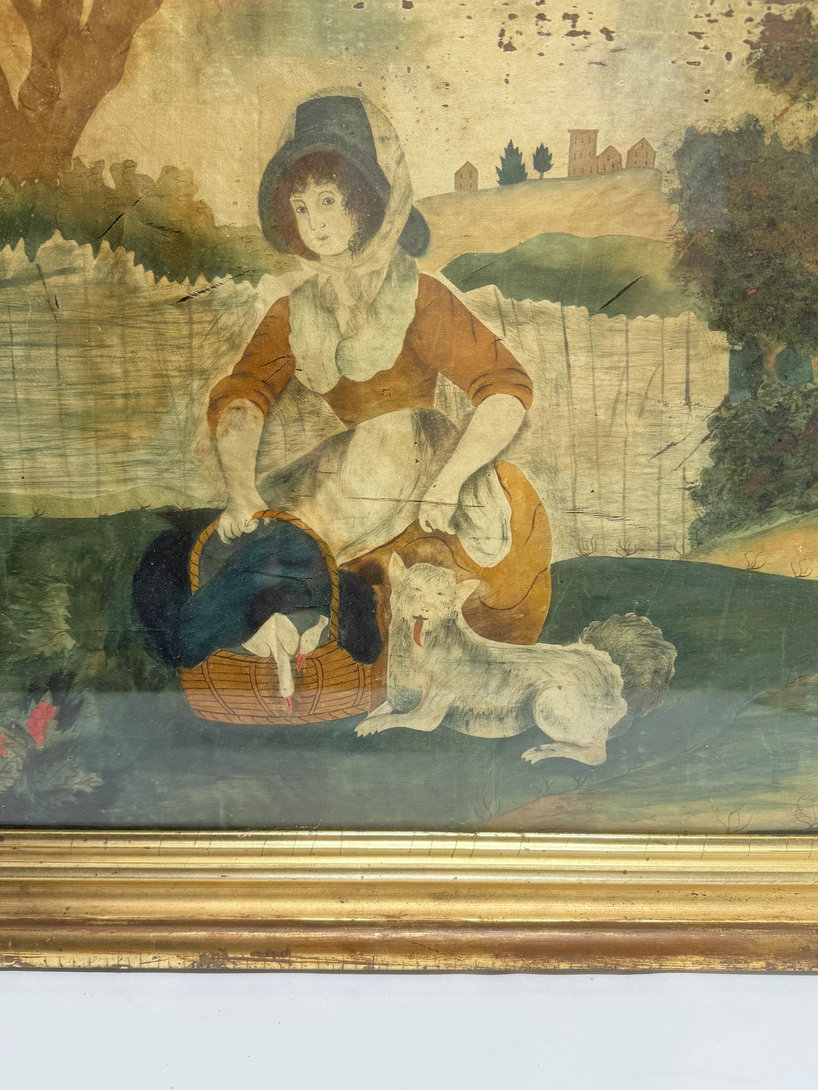 18th C, American School "Woman, Dog and Basket of Geese," Watercolor on Silk - 11