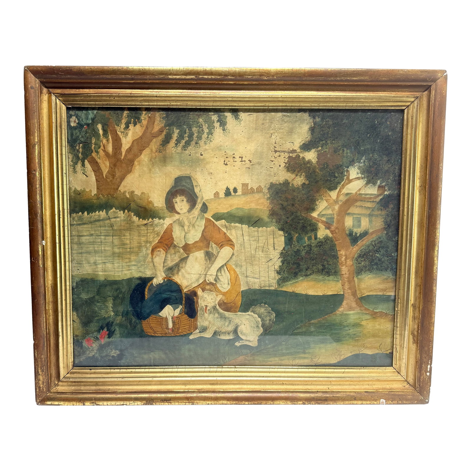 18th C, American School "Woman, Dog and Basket of Geese," Watercolor on Silk: Attributed: The Misses Pattens' School (Hartford, Connecticut). Circa Late 18th Century. Watercolor on Silk housed in original giltwood frame. Measures: 23.125" w x 19.25" h. A rare and delicately