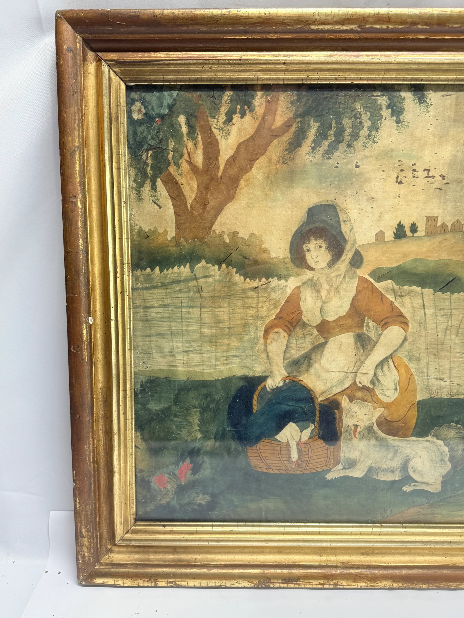 18th C, American School "Woman, Dog and Basket of Geese," Watercolor on Silk - 2