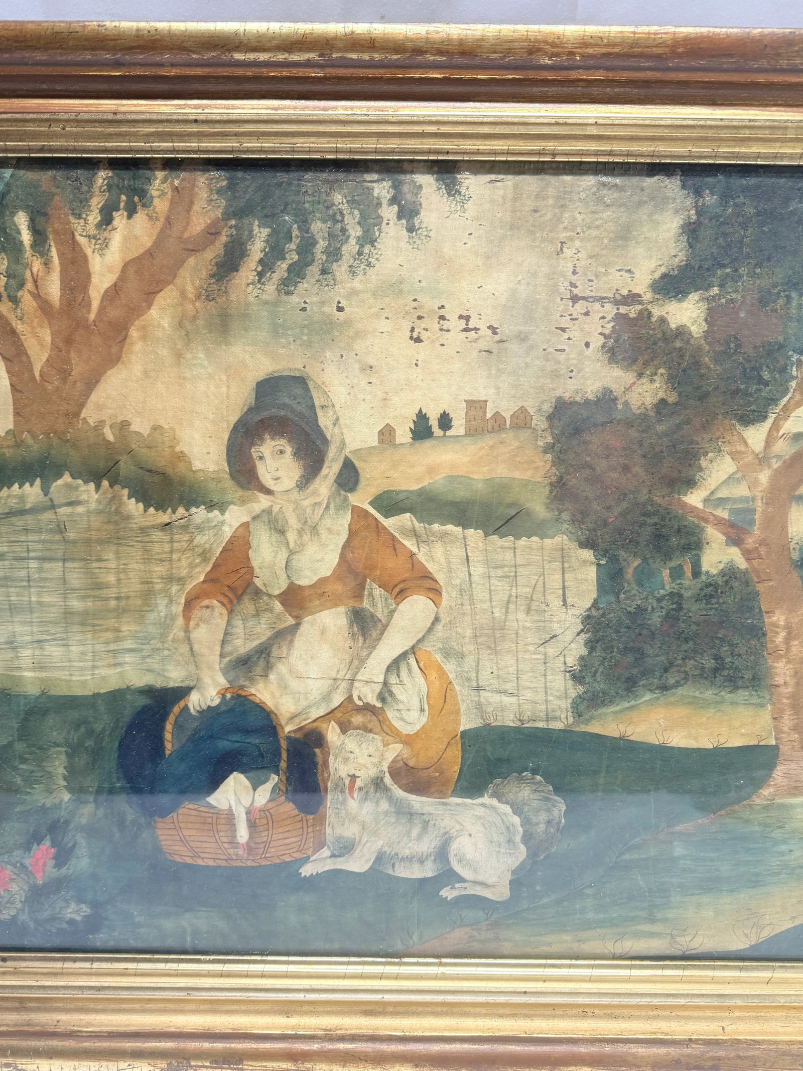 18th C, American School "Woman, Dog and Basket of Geese," Watercolor on Silk - 3