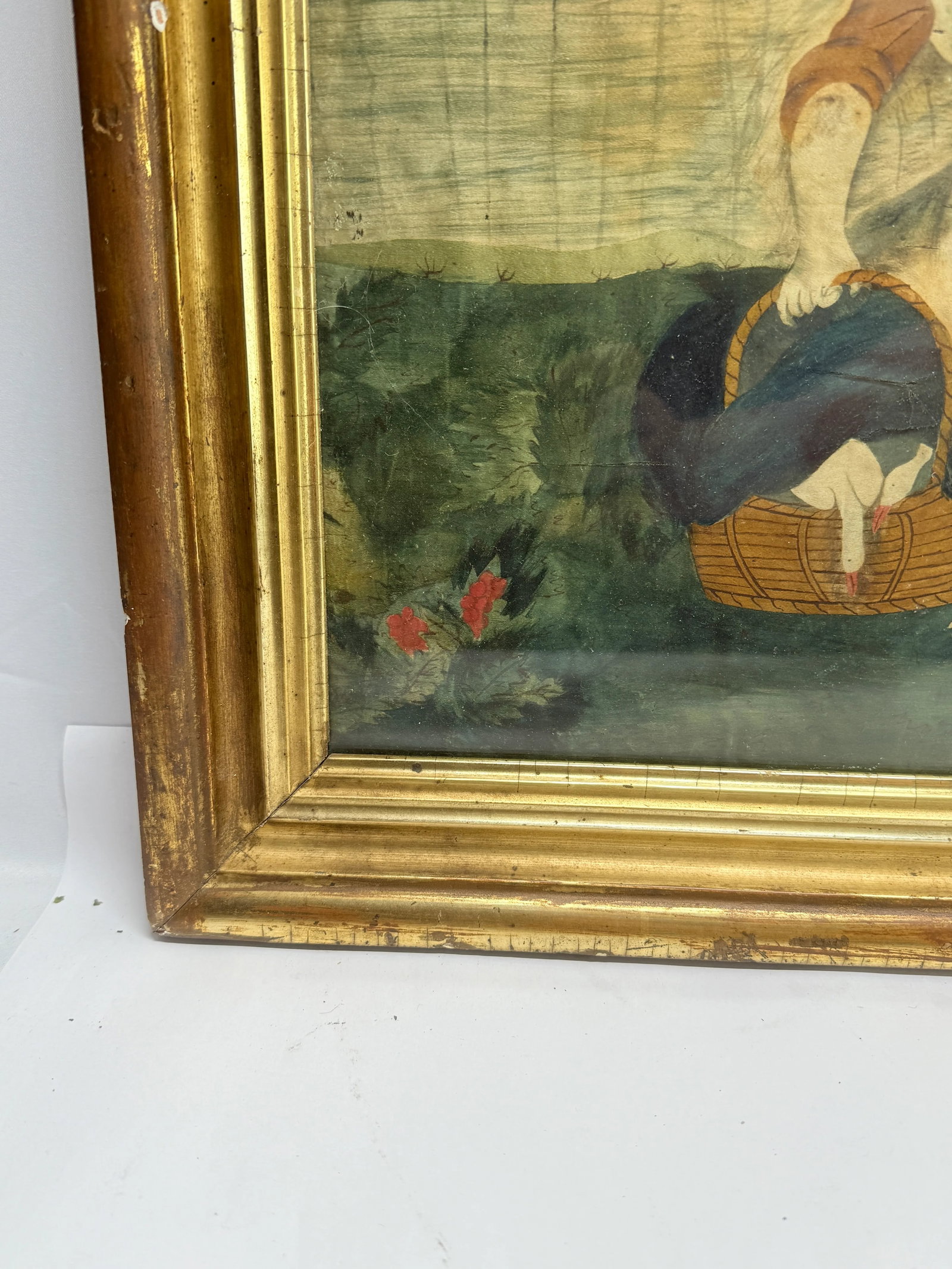 18th C, American School "Woman, Dog and Basket of Geese," Watercolor on Silk - 7