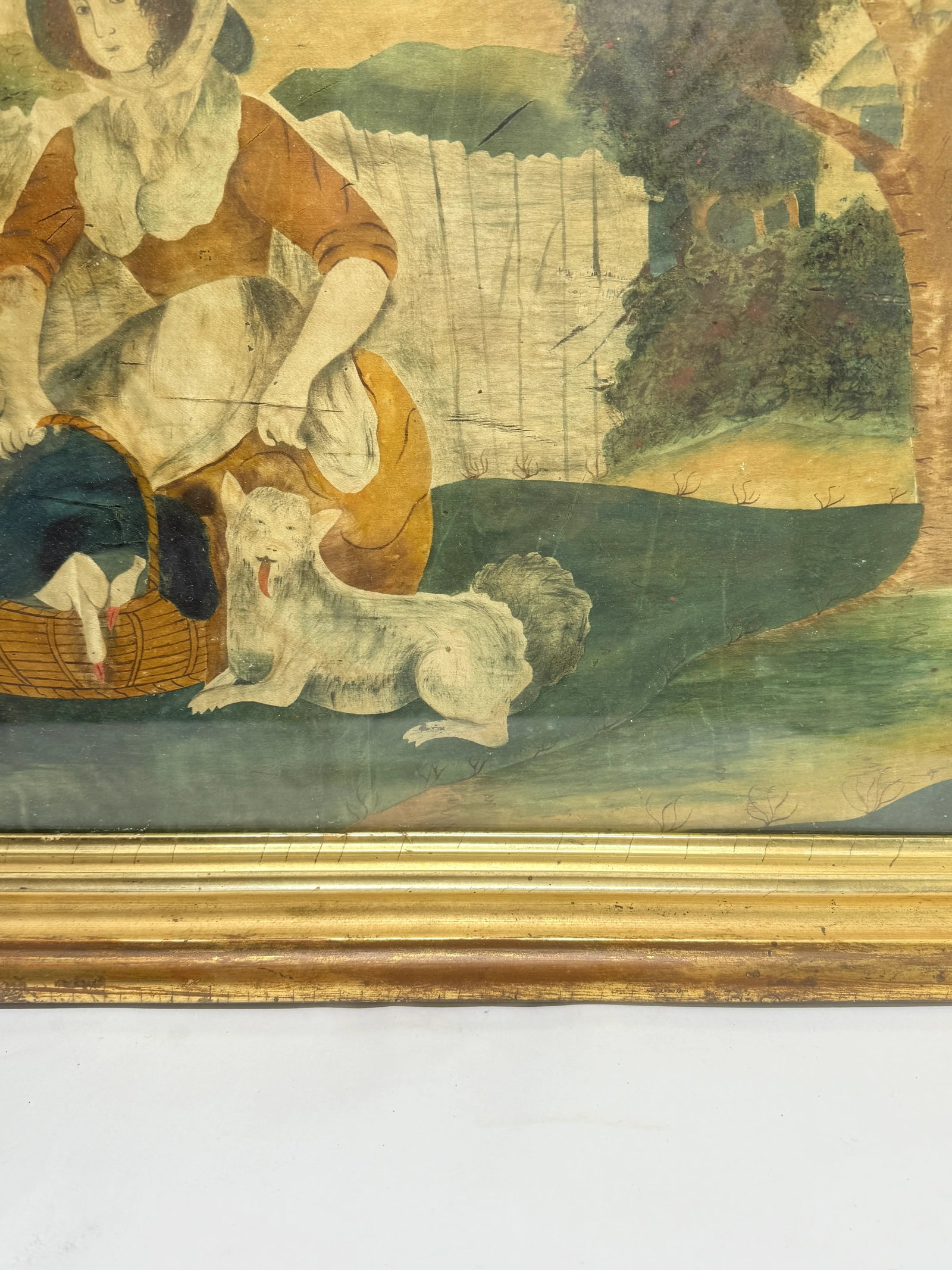 18th C, American School "Woman, Dog and Basket of Geese," Watercolor on Silk - 8