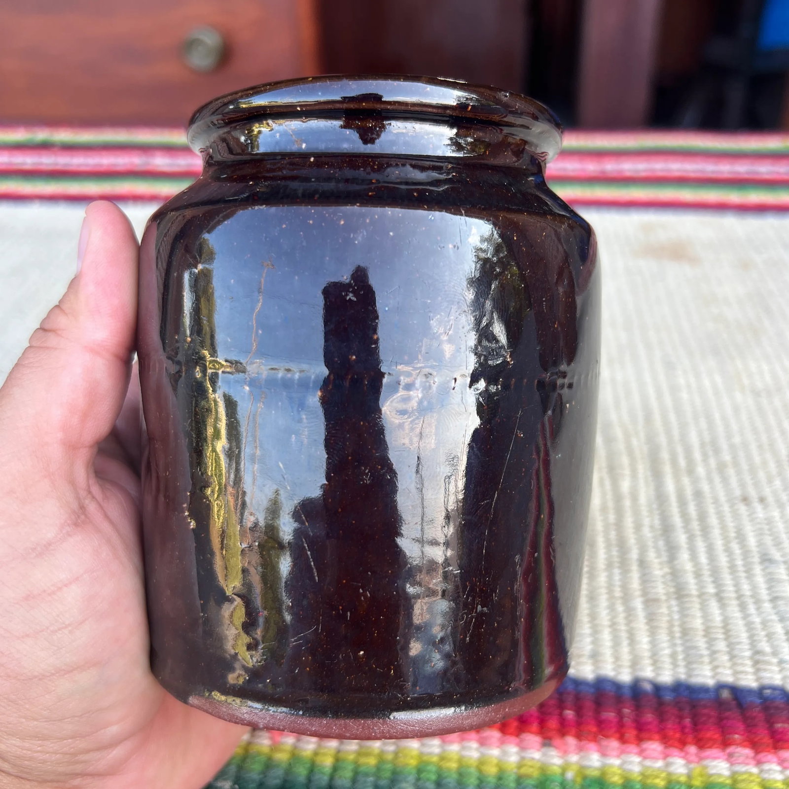 A Fine Antique Pennsylvania Folk Art Redware Preserve Jar With an Albany Glaze, 1870's - 11