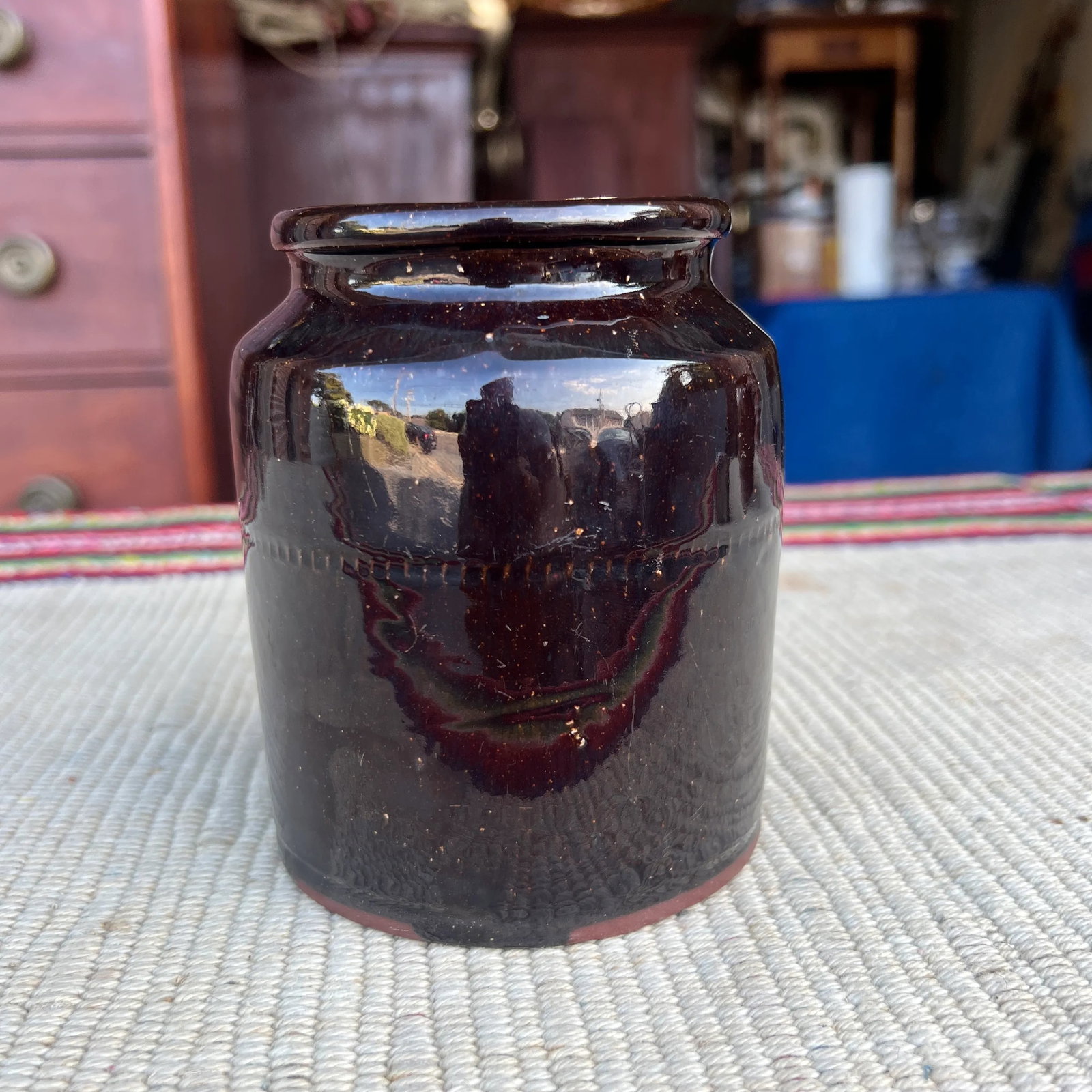 A Fine Antique Pennsylvania Folk Art Redware Preserve Jar With an Albany Glaze, 1870's - 12