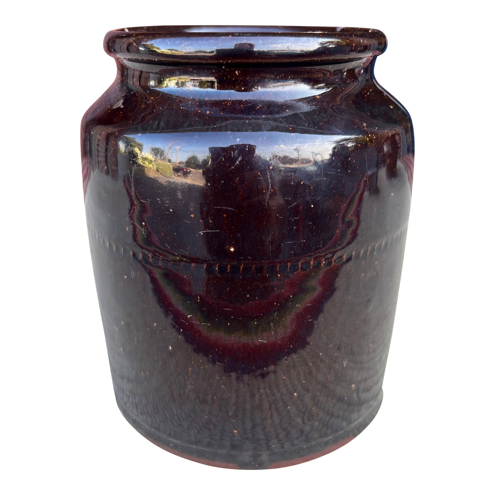 A Fine Antique Pennsylvania Folk Art Redware Preserve Jar With an Albany Glaze, 1870's (1 of 12)