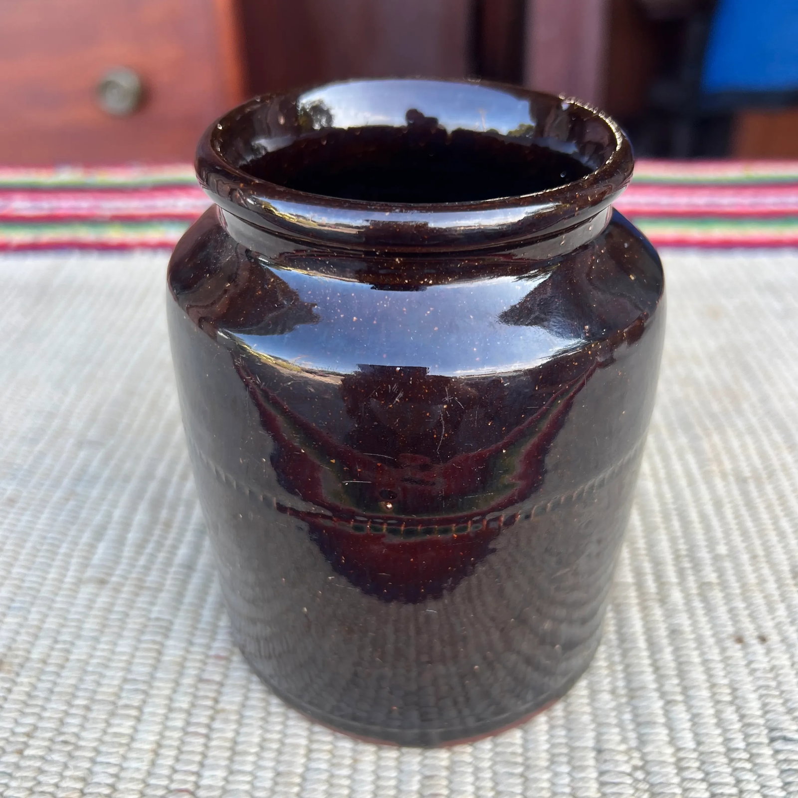A Fine Antique Pennsylvania Folk Art Redware Preserve Jar With an Albany Glaze, 1870's - 2