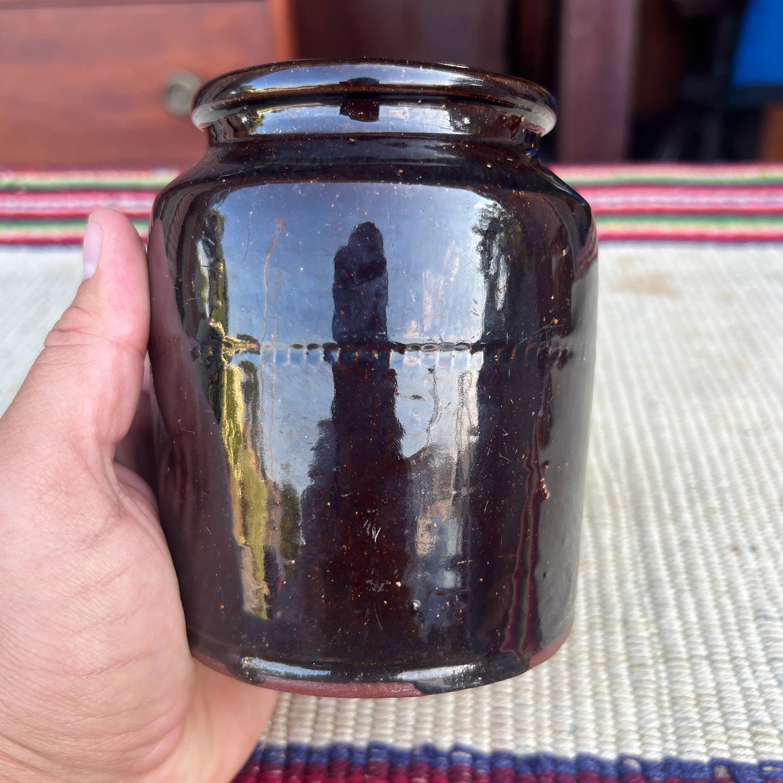 A Fine Antique Pennsylvania Folk Art Redware Preserve Jar With an Albany Glaze, 1870's - 3