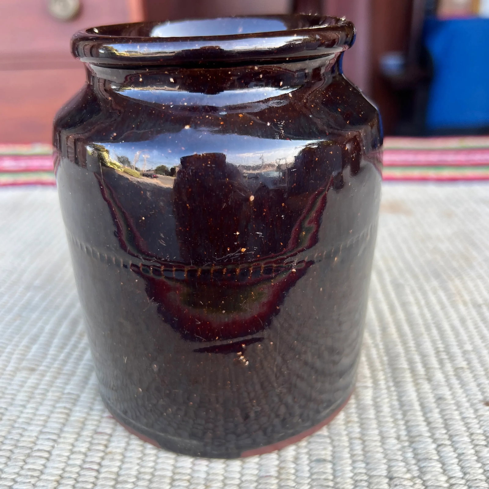 A Fine Antique Pennsylvania Folk Art Redware Preserve Jar With an Albany Glaze, 1870's - 7