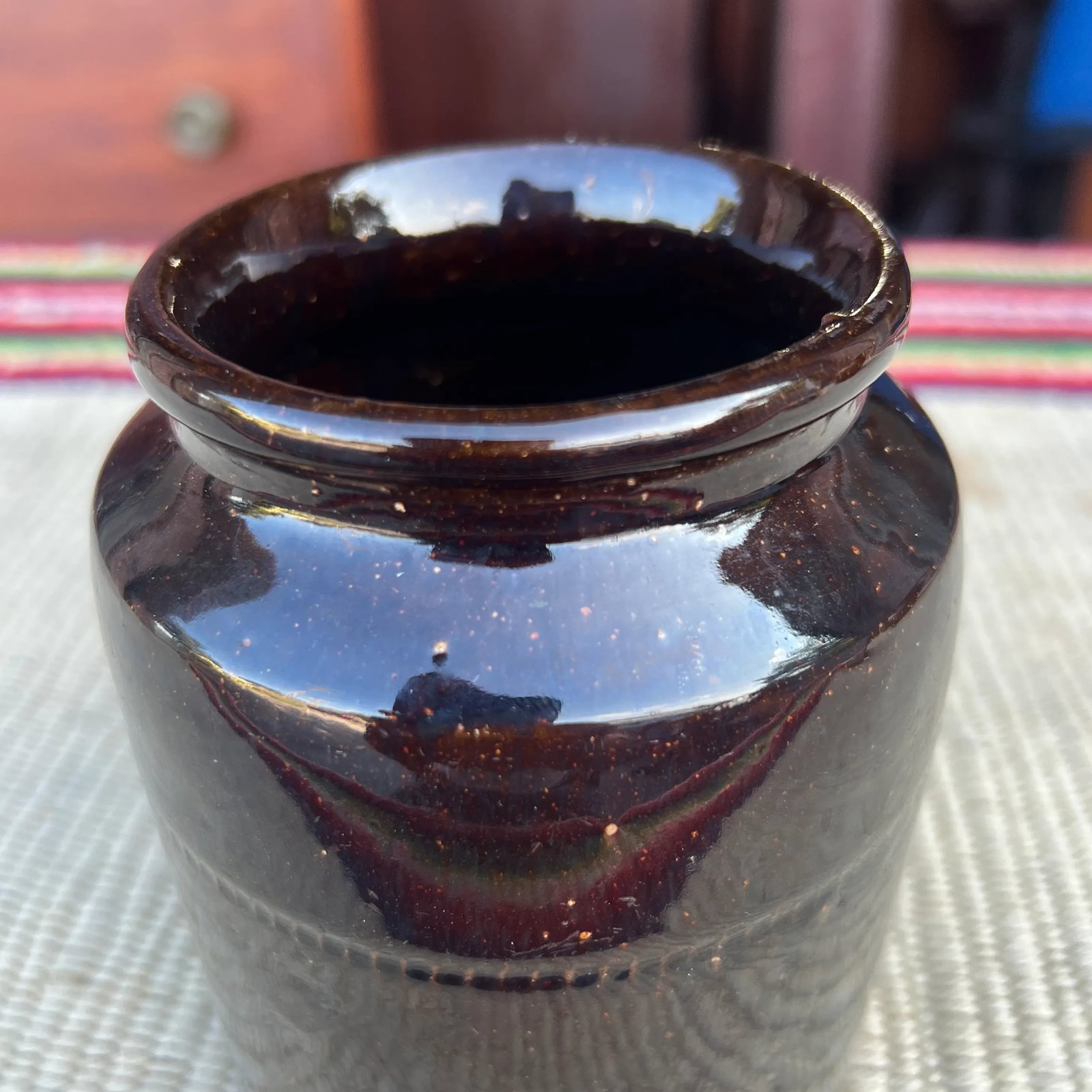 A Fine Antique Pennsylvania Folk Art Redware Preserve Jar With an Albany Glaze, 1870's - 8